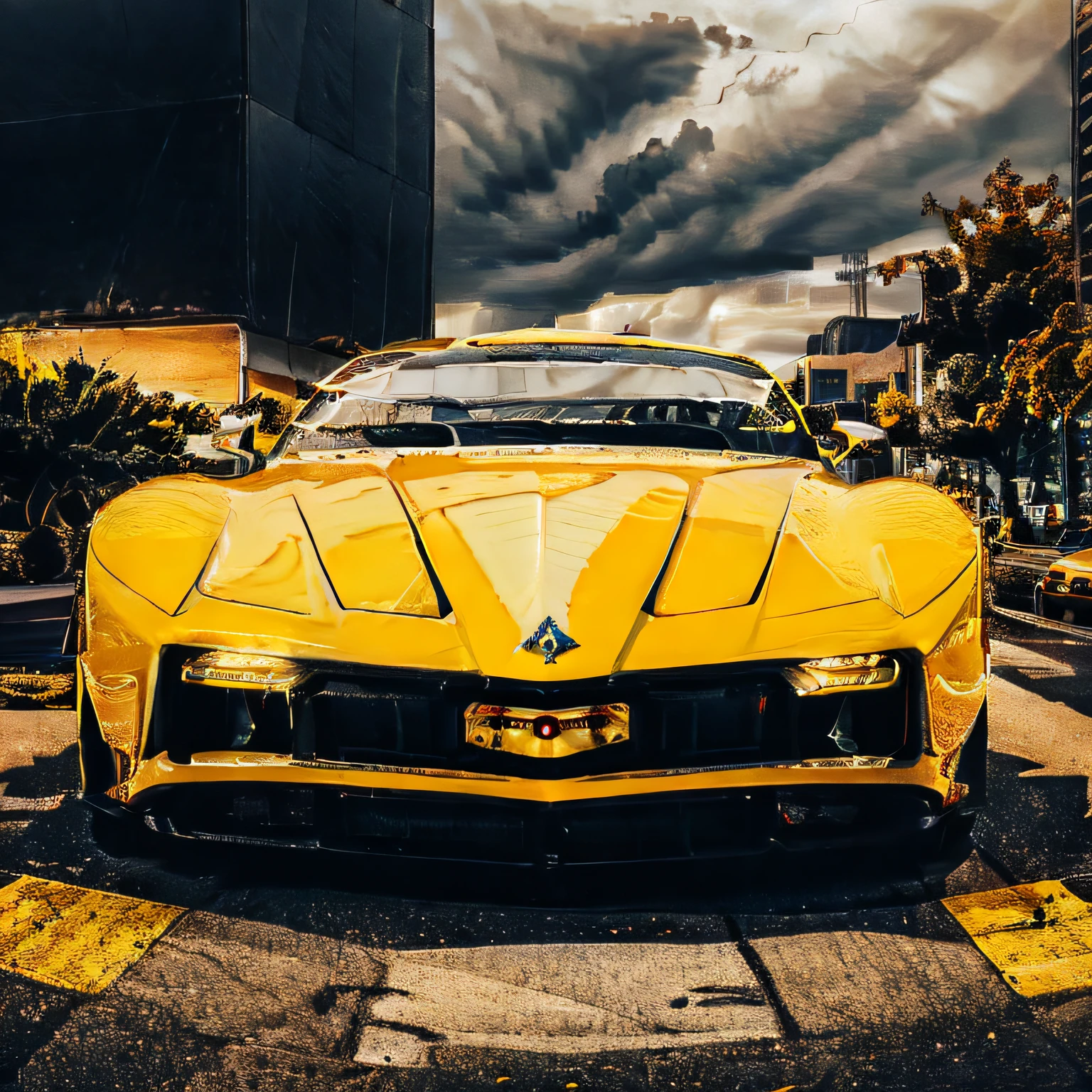 ambsdr yellow body, blue stripe, taxi sign on top, in new york city, wide-angle, masterpiece, award winning, parked on a road, buildings in background, natural lighting, cloudy skies, urban, sharp focus, smooth, intricate details, 8k wallpaper, trending on artstation --auto