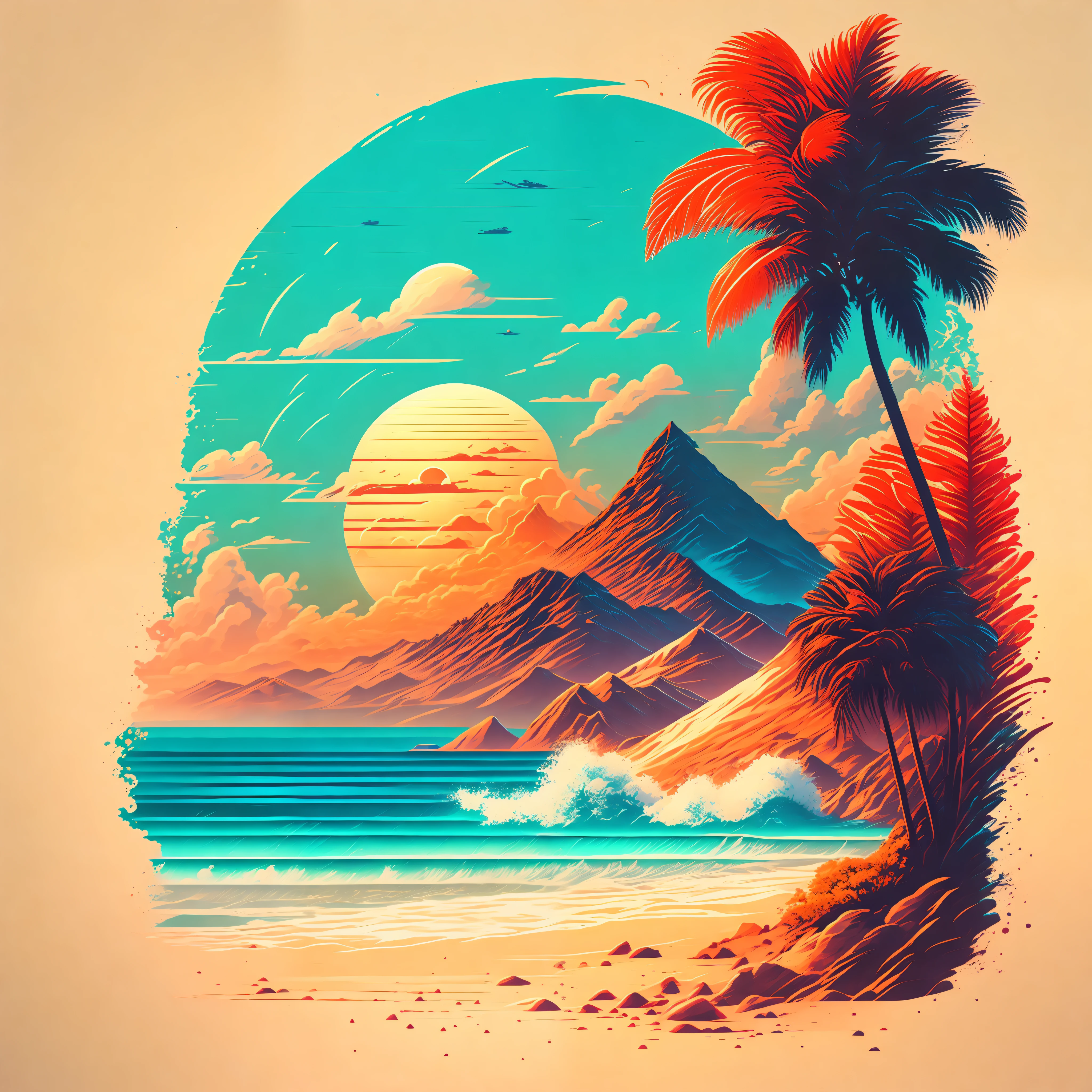 A beach in a summer landscape, T-shirt design, Midjourney, Vector Art, Hydro74