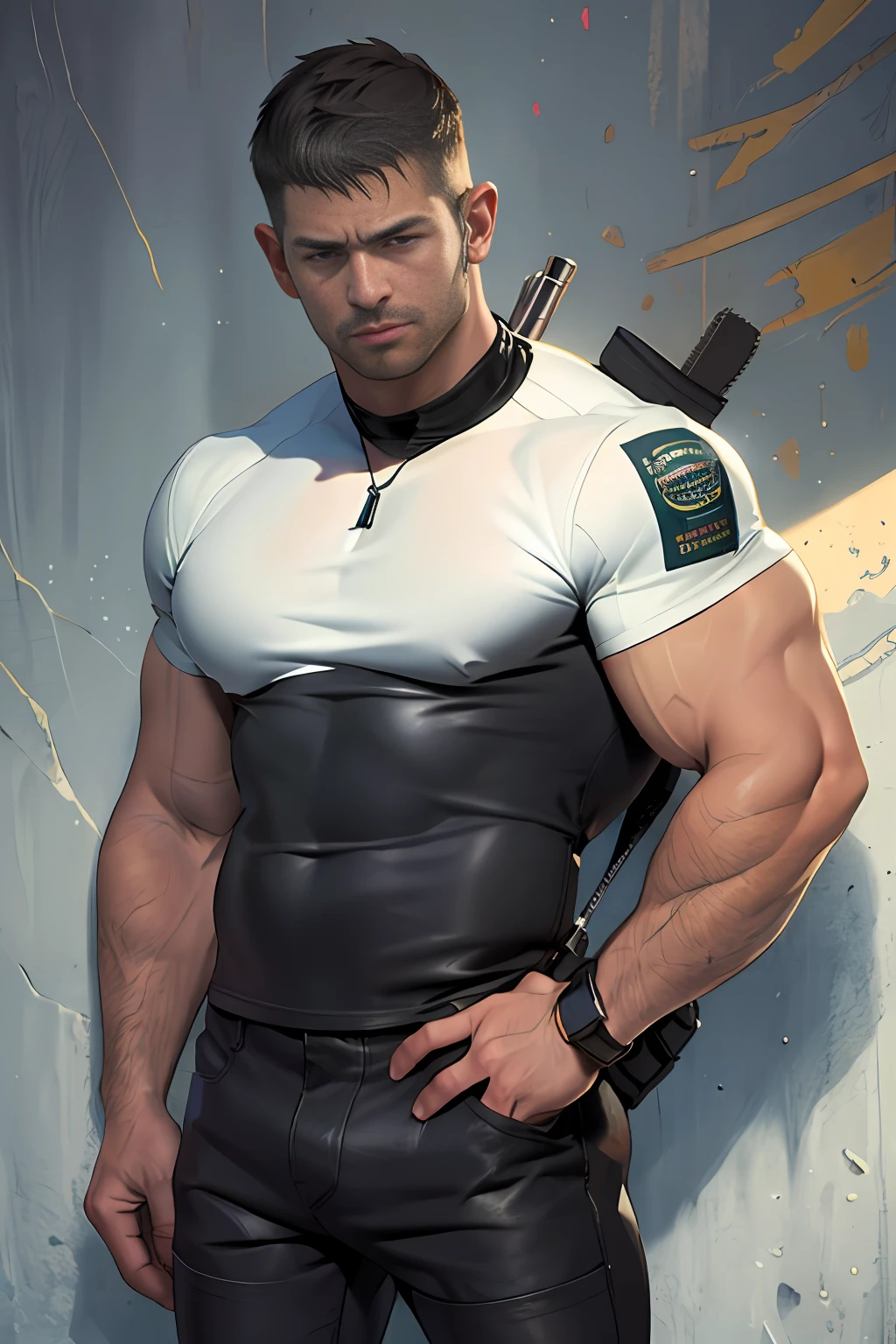 1 Homem, sozinho, 45 anos, Chris Redfield, Baixo, sozinho, Homem, 45 anos, cabelos curtos, Cara corajosa, Querer, Homem grande, alto, (((musculoso))), camiseta preta, black leather pants, cinto militar, Armado com pistola. fundo simples