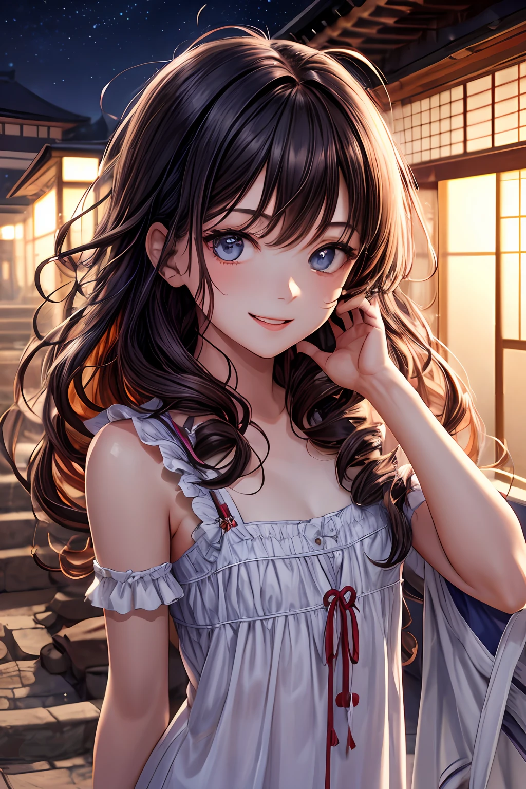 masterpiece, best quality, hyper-detailed, 8k resolution, RAW photo, (1girl),small, gorgeous face, Japanese and Russian mix, perfect body, 18yo, sexy nightgown, happy, posing for photo, long curly hair, messy hair, smile, night, kissing face