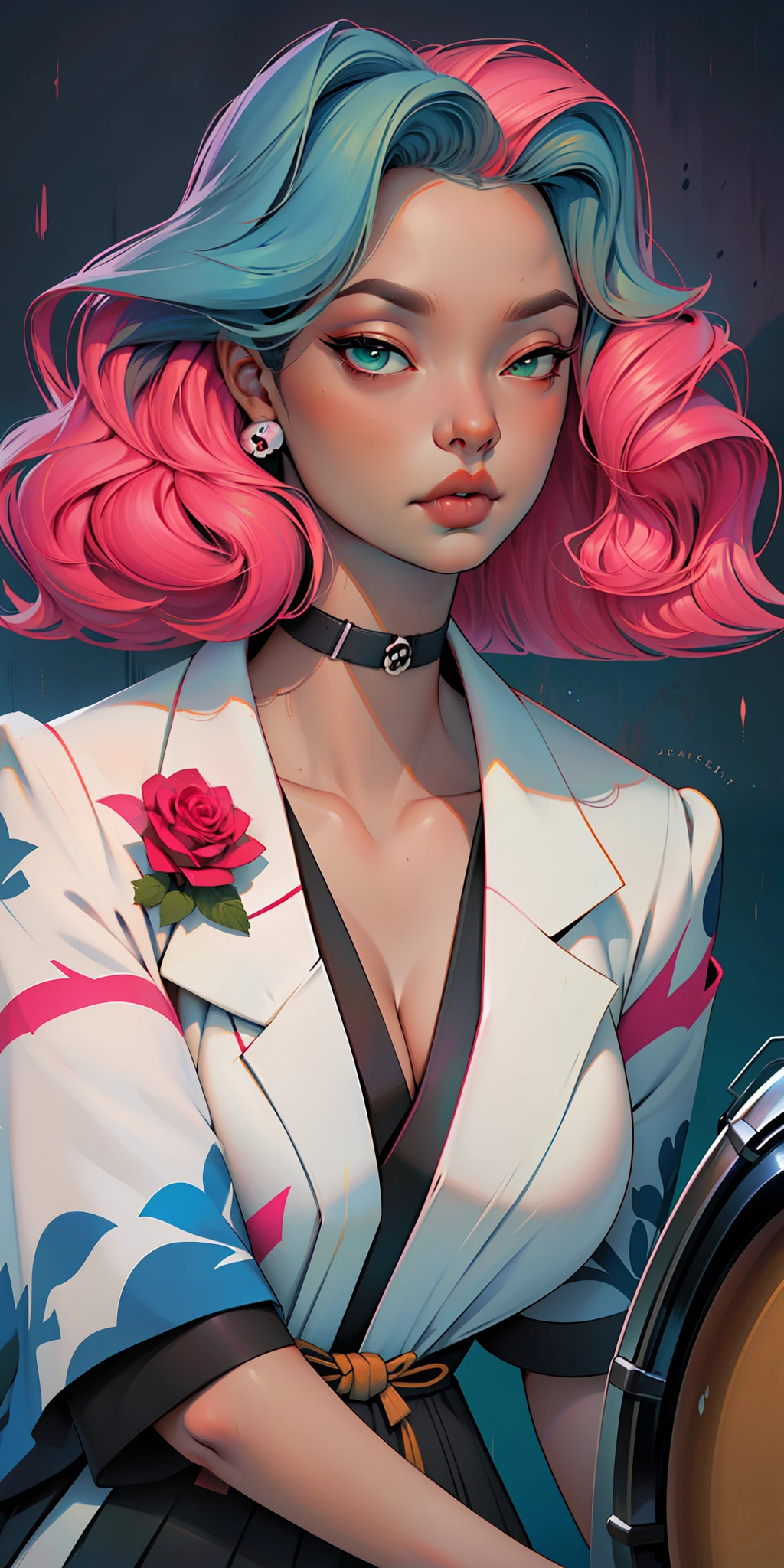 Background, In chic boho style, in a cafe, Ice cream print, multi-colored neon lights, neon garlands, rose hair, mixed-language_SMS, Japanese, (beautiful and clear background:1.2),, fantastic paintings ,graffit style, highly detail eyes , underwear, lace, latex, Pink, Purple, mint, Blue, Yellow, belve, lavender hair, Skull Print, body piercings, Loving, Love, ultra detail hair, Masterpiece, Best Quality, hiquality, hight resolution, detail enhancement, ((most beautiful image in the world)), Masterpiece, Best Quality, hiquality, hight resolution, detail enhancement, ((most beautiful image ), Shiny pink degrade hair, Ultra Short Fitted Stampa, art by stjepan sejic, art by j scott campbell, Artist Guillem March, art by citemer liu, 4k, hight resolution, comic book character, comic, high quality detailed,   style of ::2.0 comix illustration style,tatoon style, hiquality, hight resolution, detail enhancement, 8K, HD, Best Quality, hiquality, hight resolution, detail enhancement, 8K, HDR, sharp-focus, Ultra Detailed, perfect  lighting, Curvy Body, Lush breasts, Curvy hips, skull print on clothes, rock, rock star, Cool,black leather raincoat, style of, spikes, Punk Rock, Wolf, Cat's ears, Cool bracelets, Choker, calavera, gotik, Skinny,  (((Plays drums))) Plays drums, Plays, Drums, drams drummer, drumsticks, virtuoso, angel, feathers, geisha