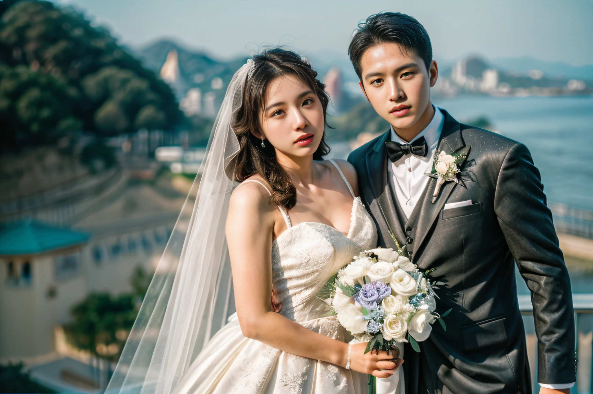 professional wedding photography, (Masterpiece), (intriciate detail), (photorealestic:1.3), (film grain:1.3), (perfect anatomia:1.3), break, Brazil, at Christ the Redeemer statue, break, a romantic photoshoot of a handsome man and cute woman couple), wearing elegant outfits
