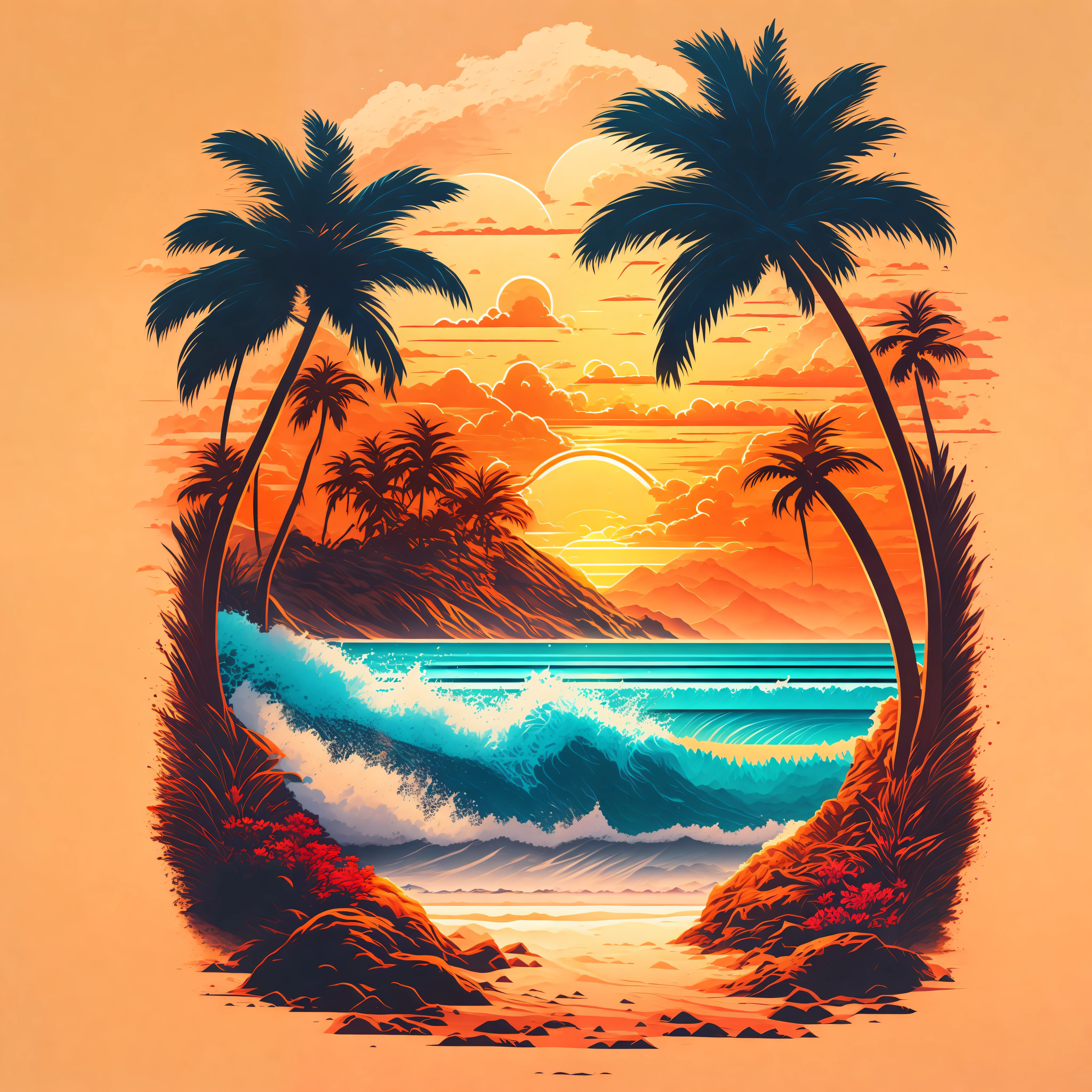 A beach in a summer landscape, T-shirt design, Midjourney, Vector Art, Hydro74