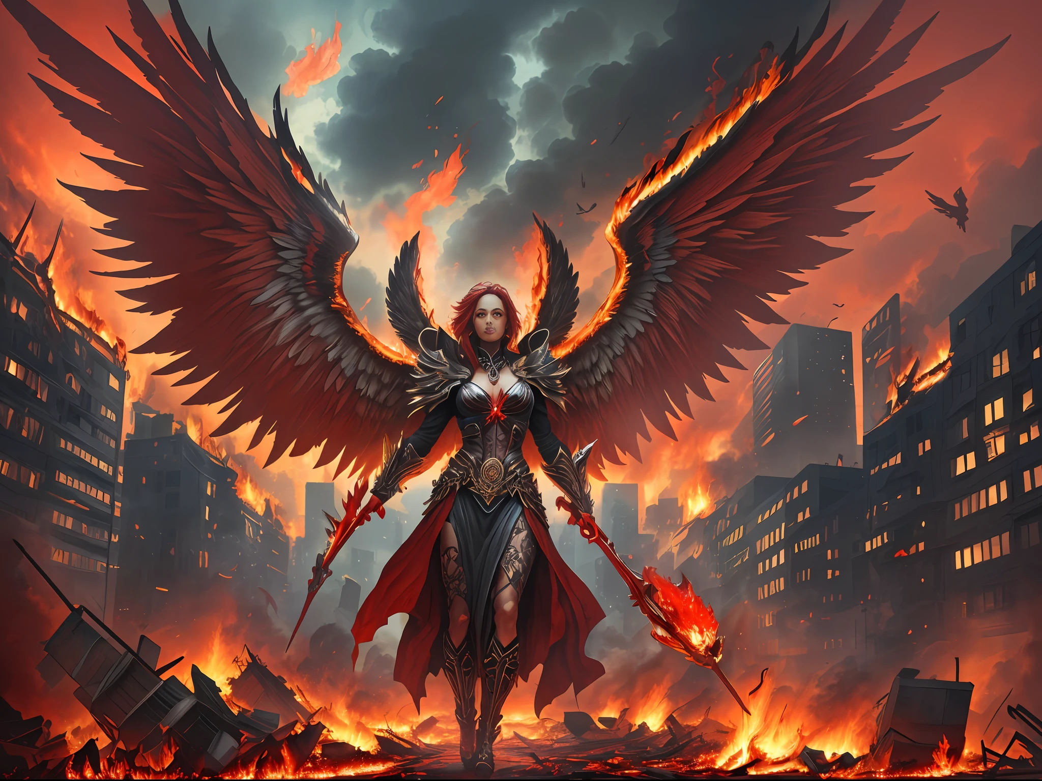 (((Red))) evil fallen angel depicted in a photorealistic style. The fallen angel is shown as a and sexy figure with ((())) huge firewings. The scene is set in an apocalyptic city engulfed in flames. The focus should be on capturing the intricate details of the fallen angel's anatomy and the realistic rendering of their firewings. The cityscape should be portrayed realistically, with crumbling buildings and intense flames. The atmosphere should be dark and chaotic, reflecting the apocalyptic theme. The camera lens used for this image is a ((70mm)) lens, capturing a medium shot of the fallen angel, emphasizing their expression and body features. The lighting should be dynamic, with realistic fire and smoke effects. The image resolution should be ((8K)) to ensure maximum detail and realism