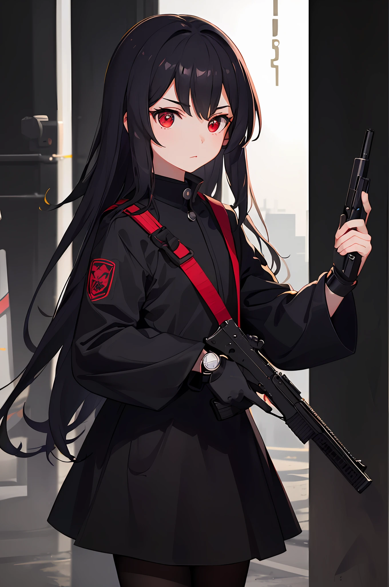 (Dark and mysterious+sense of science and technology+holding a double gun),(Vivid and cute little girl+Red eyes)In the night city spreads a mysterious light。