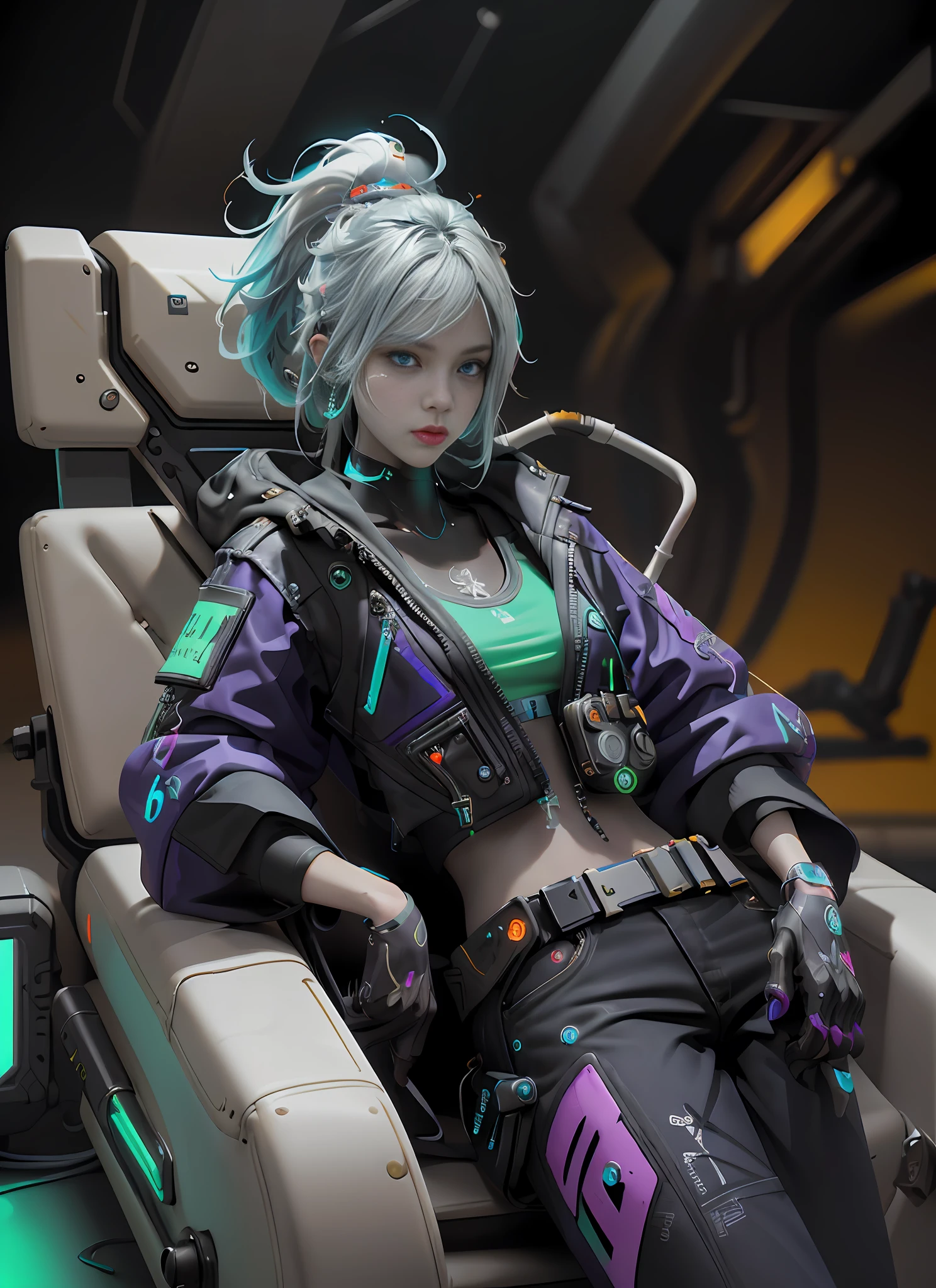 (Extremely detailed CG unity 8k wallpaper, masterpiece, best quality, super detailed), (best lighting, best shadow, extremely refined and beautiful), floating, dynamic angle, (1girl), (cyberpunk style, neon), (red: 1.3 + purple + green: 1.2+ Blue: 0.9) Hair, (Cyberpunk Attire: 1.3), Metallic Silver Accessories, Glowing Eyes, High Resolution, 3D Art, Unreal Engine 5 Style, Clear Lines, Good Facial Features, Good Eyes, Blue-Purple Gradient Eyes, Psychedelic, Chaos, Brushstrokes, Abstract, Printed Circuit Board