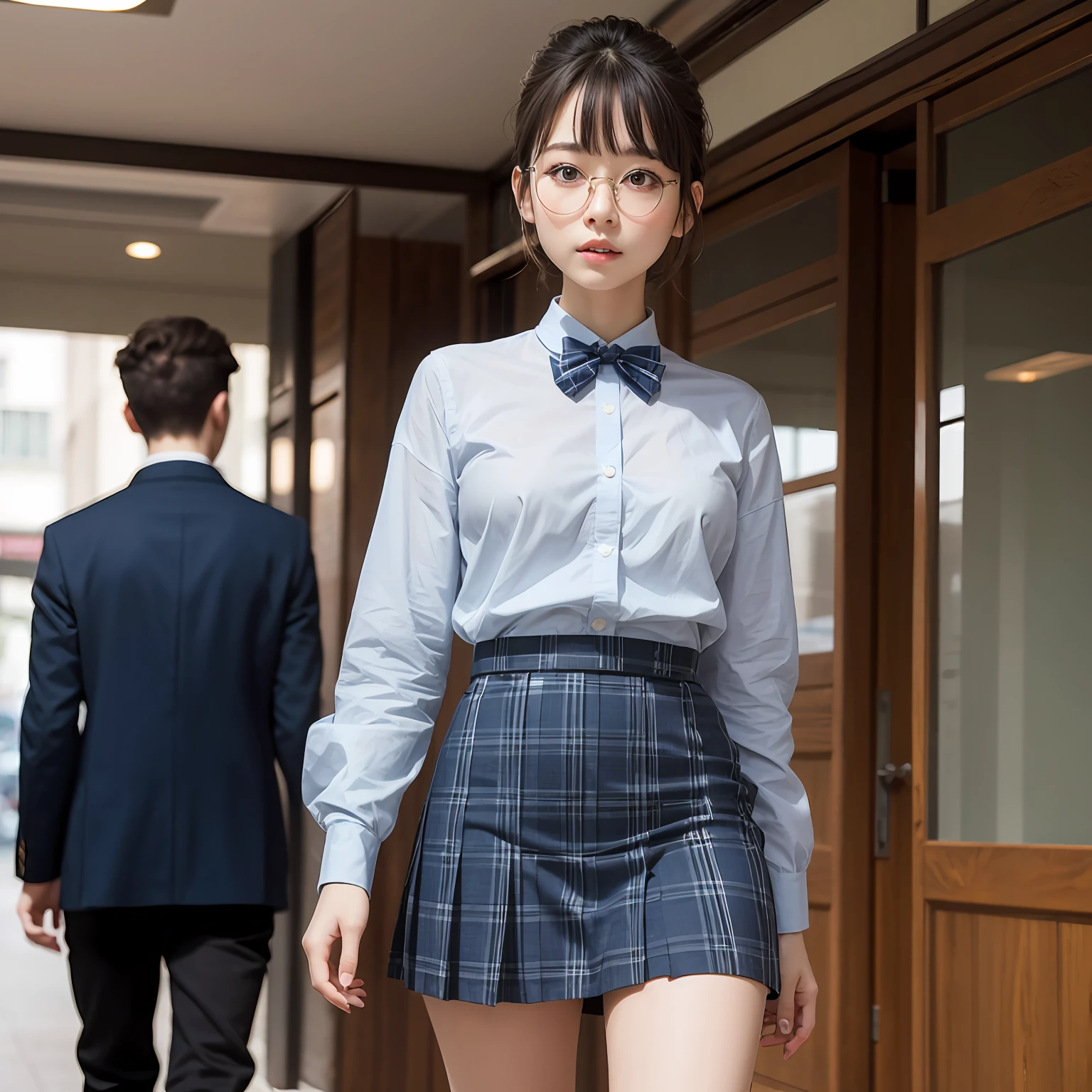 (8K、Raw photography、beste-Qualit、masterpiece:1.2)masterpiece,beste-Qualit、Super-High Resolution,Raw photo,ren,Beautiful fece,shorth hair,One person, 独奏,eye glass,,Dark look,Small breasts,fullllbody,Round glasses、cute little、japanese lady,is standing,Hard-eyed,skinny,Rasping,irate,small tits,flat breast(Realistic、a photorealistic:1.37)、Photon mapping,Light blue ribbon,Realistic、Cute little face,short hair ponytail,Brown-eyed、Black socks、Red bow tie、Radio City、Physically Based Rendering、Foreground、depth of fields、Blurry background、The photograph,The girls、Body, Long legs, Thin leg, Medium hair,(Bangs are visible), Hair_ornament detached, s lips, Blue_The eye, nosesoft, Light blue shirt, Navy blue and white plaid pleated skirt, Sheer clothing,, Thigh, Black cotton socks
