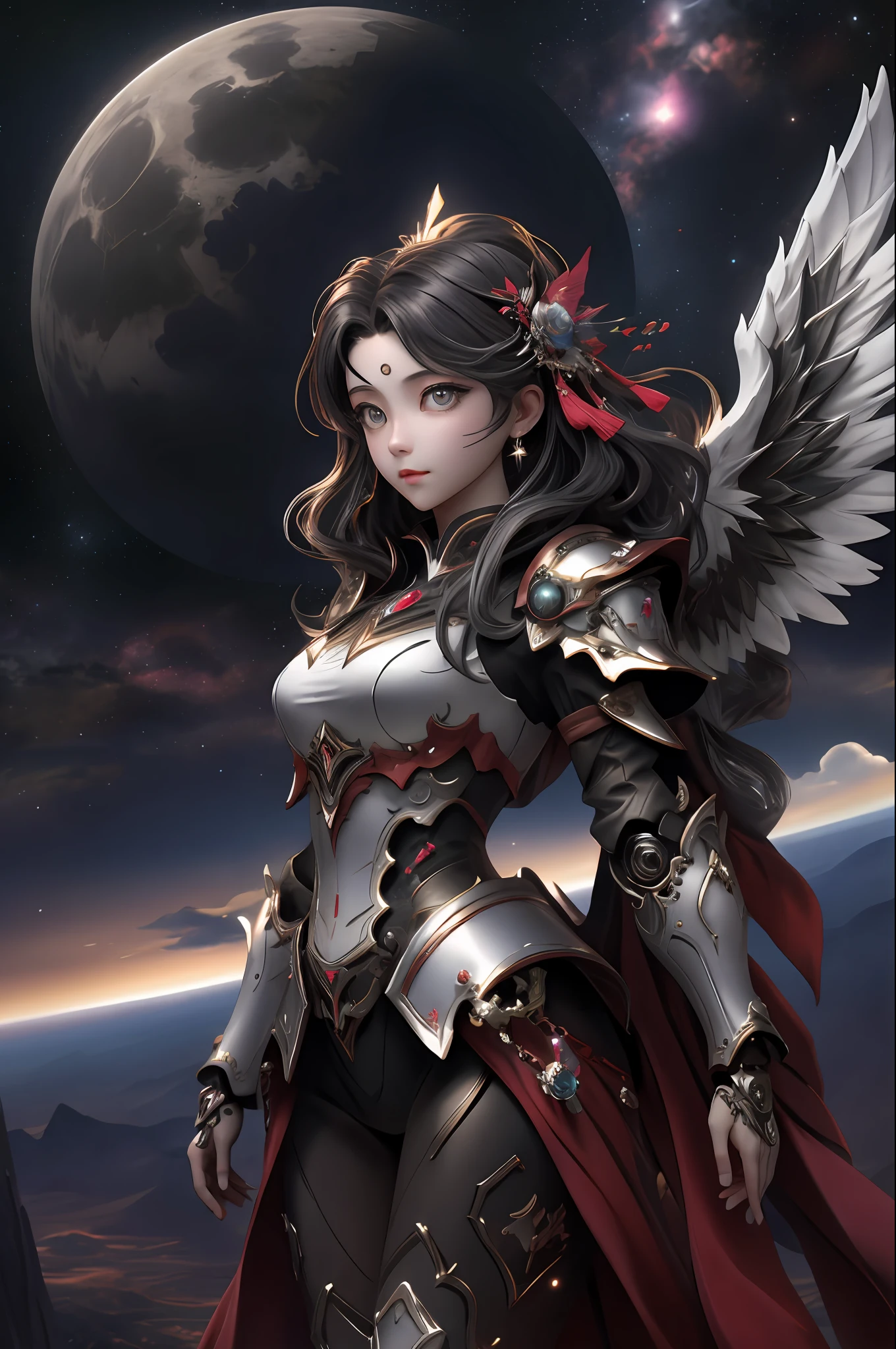 tmasterpiece，extremely detailed CG unified 8k wallpaper，8k ultra high definition，digital DSLR camera，hightquality，（（A dark angel dressed in mechanical armor，With wings，sacred aura，floating in air，falling from the sky）），Dark planet background，Petite body，（beautiful detailed eyes）， （Super detail）， （Desktop Wallpapers），Beautiful face ，（Detailed face），perfect figure beautiful woman:1.4， Clear facial features，space，salama，Dramatic scenes，cinmatic lighting，super high-RES，ultra high detailed，k hd