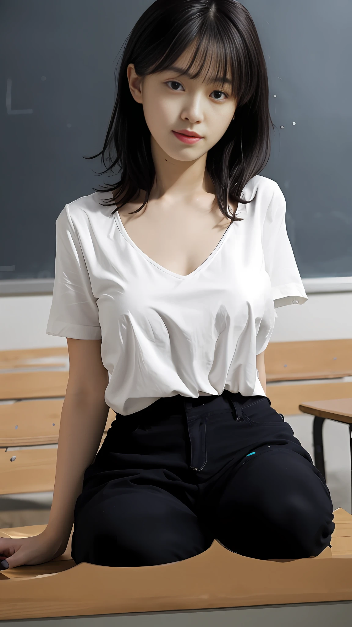 there is a woman sitting on a bench in a classroom, wearing white v - neck top, wearing v - neck top, in a white shirt, wearing shirt, Open V chest clothes, wearing shirt, wearing a light shirt, low cut top, fine white shirt, in a white shirt, wearing white clothes, White top, casual white garment