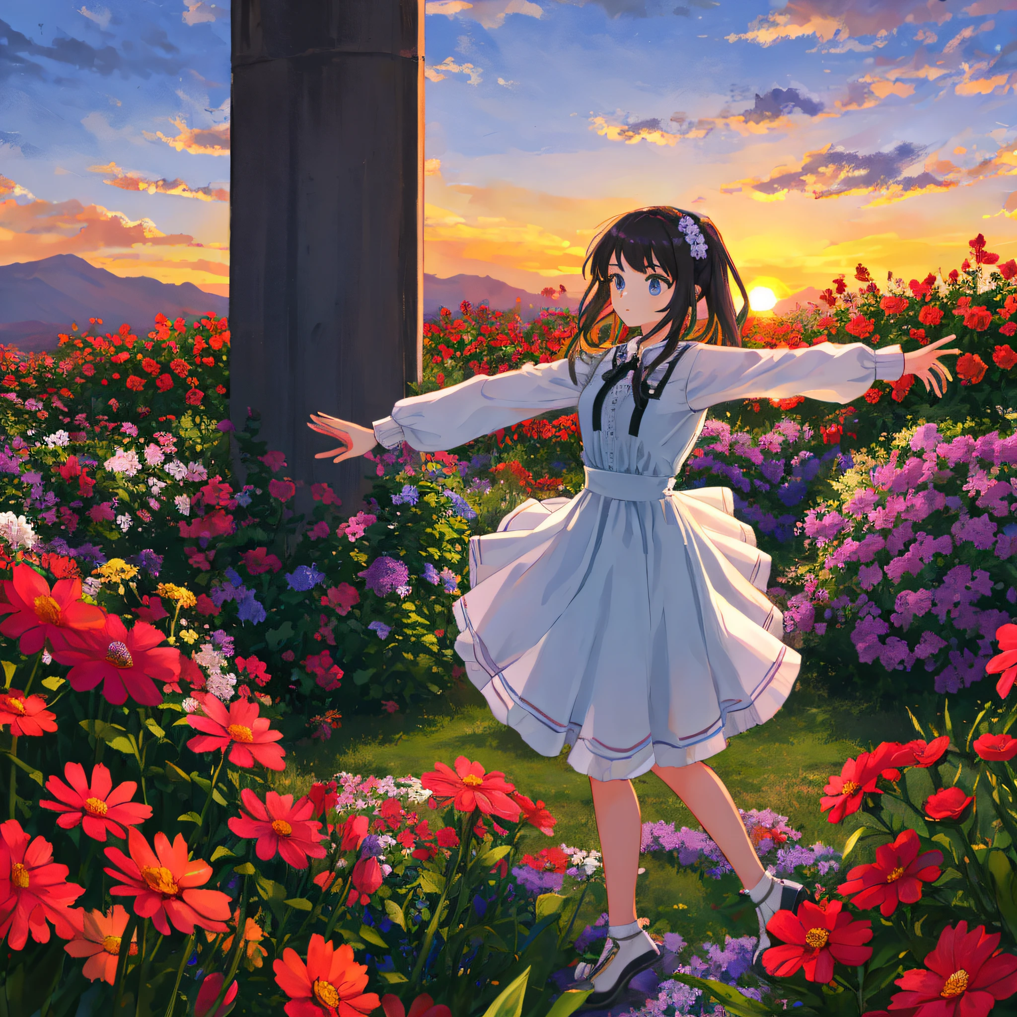 A girl dancing in the sunset among the flowers
