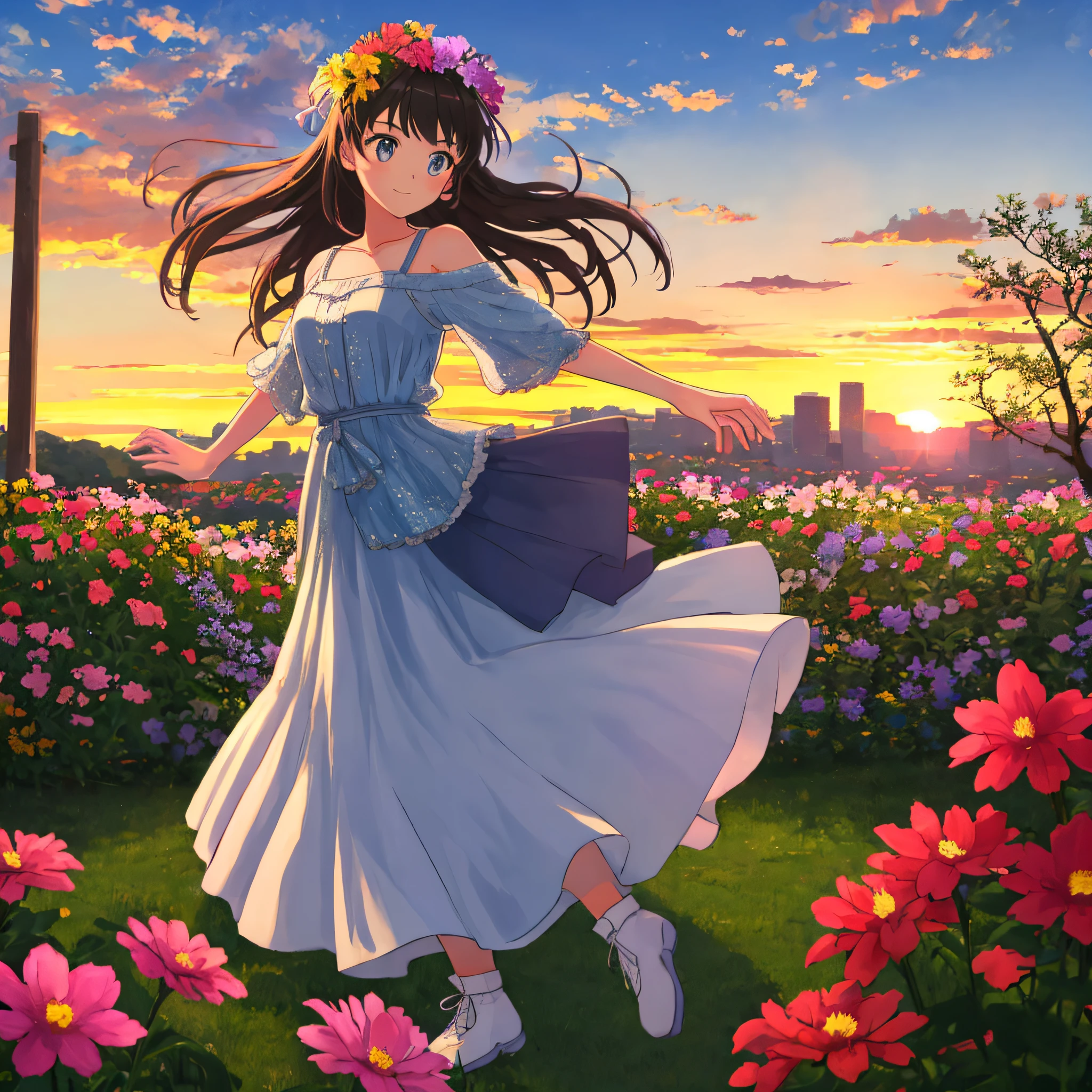 A girl dancing in the sunset among the flowers