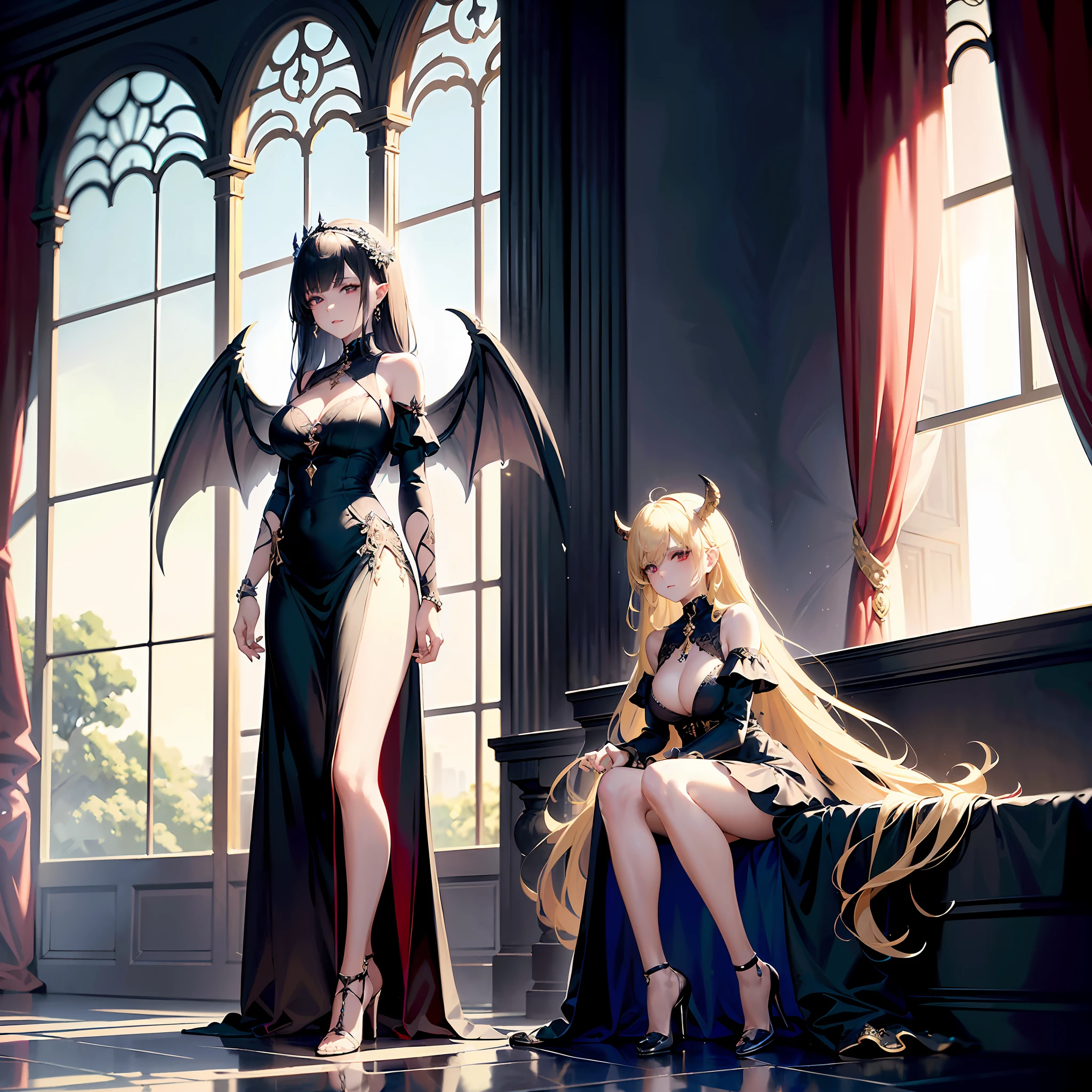 [[a picture of 2 women]], a female angel (Masterpiece, 1.3, intricate details), wearing black dress, pale skin, best details beautiful face (Masterpiece, 1.3, intricate details), blond hair, long hair wavy hair, blue eyes, high heeled boots, wearing a dress (Masterpiece: 1.3, intricate details), large angelic wings, white angelic wings spread [AND] a female demon (Masterpiece, 1.3, intricate details), demon, large demonic wings, black demonic wings spread, black hair, red eyes, best details beautiful face (Masterpiece, 1.3, intricate details), wearing a dress (Masterpiece: 1.3, intricate details), high heels, in the border between day and night, moon light, moon, stars, clouds, god rays, soft natural light silhouette, from outside, photorealism, panoramic view (Masterpiece 1.3, intense details) , Wide-Angle, Ultra-Wide Angle, 8k, highres, best quality, high details