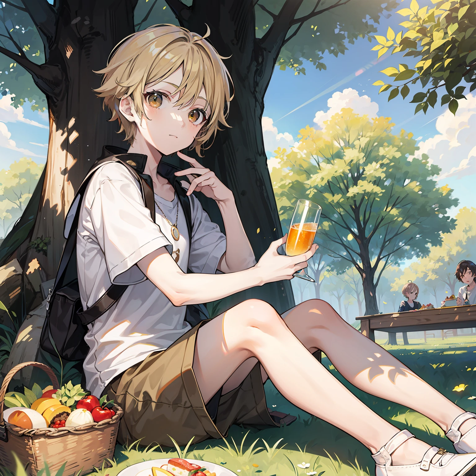 12 year old boy(Relaxed、sun beam、Kind),Short blonde hair,Light brown eyes,Have a picnic in the park with friends,tmasterpiece,hightquality