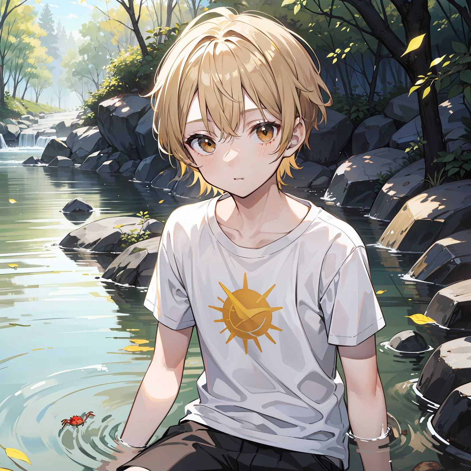 12 year old boy(Relaxed、sun beam、Kind),Short blonde hair,Light brown eyes,White T-shirt,Catch crabs in the creek,tmasterpiece,hightquality
