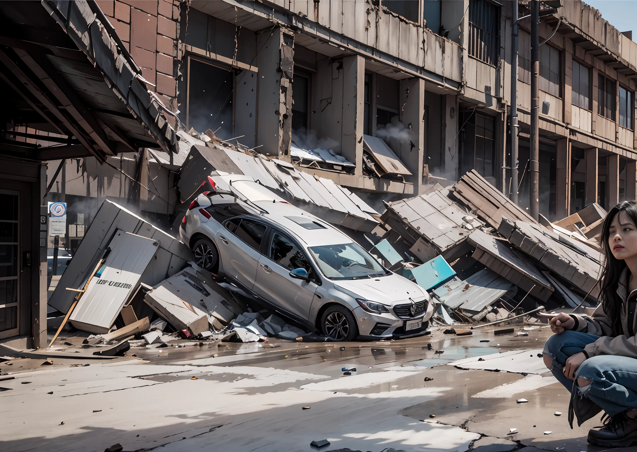 （Realistis：1.4）A high resolution，ultra detali，textures true to reality，Tattered car，Shattered car windows，Broken glass，Bold textures，Crazy textures,（巨作，Best quality，Highly detailed CG paintings），A beautiful woman in ragged clothes by the pillar，torn outfit，Clothes for a homeless man，beautiful a girl，Long hair，After the war，Alone and half-squatted，Visible all over the body，（sad expressions：1.2），saddened，After the war，hold head in hands，（Hold a headache and cry：1.2），（weeping：1.2），wretched，helpless，（Look to the left：1.2）