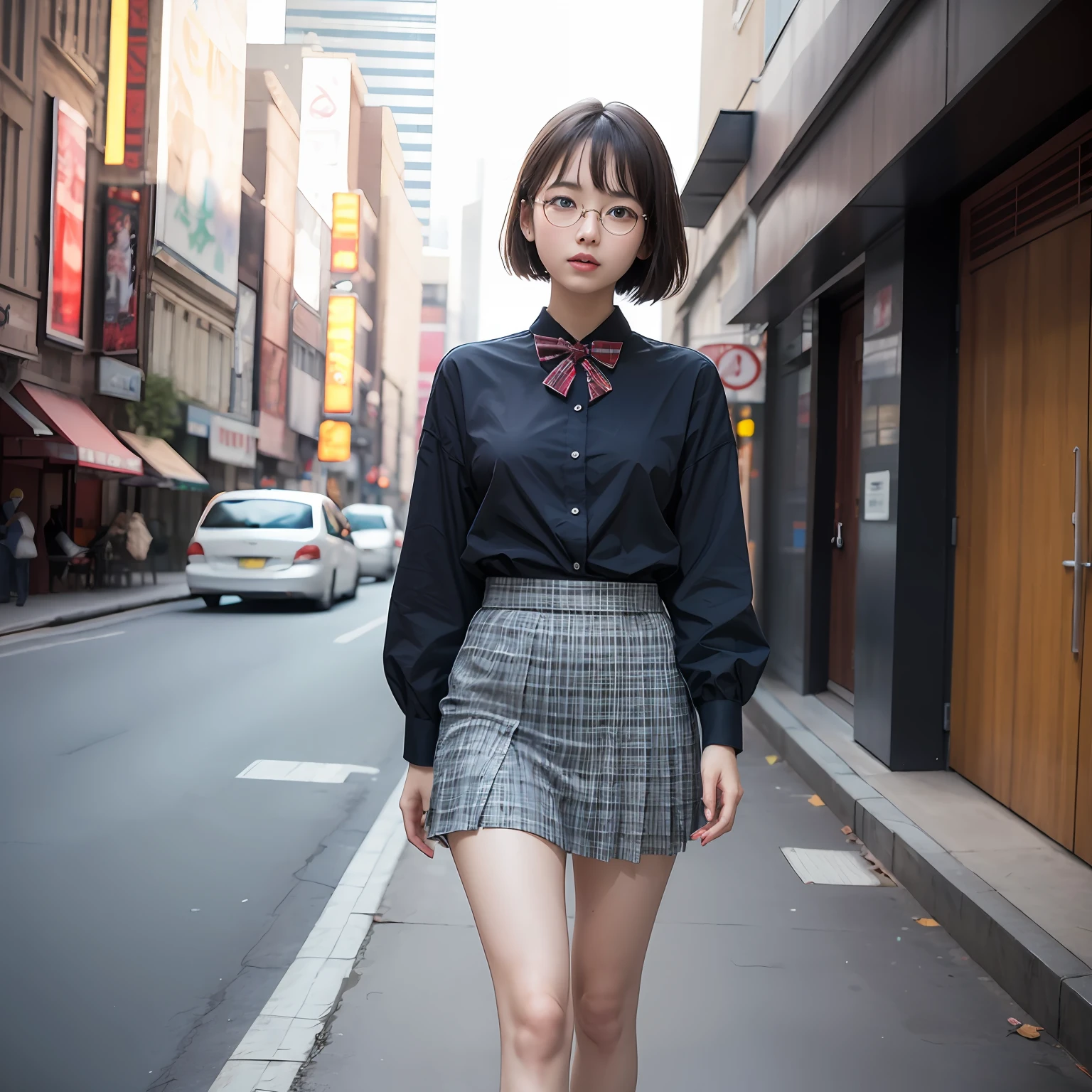 (8K、Raw photography、beste-Qualit、masterpiece:1.2)masterpiece,beste-Qualit、Super-High Resolution,Raw photo,ren,Beautiful fece,shorth hair,One person, 独奏,eye glass,,Dark look,Small breasts,fullllbody,Round glasses、cute little、japanese lady,is standing,Hard-eyed,skinny,Rasping,irate,small tits,flat breast(Realistic、a photorealistic:1.37)、Photon mapping,Light blue ribbon,Realistic、Cute little face,short hair ponytail,Brown-eyed、Black socks、Red bow tie、Radio City、Physically Based Rendering、Foreground、depth of fields、Blurry background、The photograph,The girls、Body, Long legs, Thin leg, Medium hair,(Bangs are visible), Hair_ornament detached, s lips, Blue_The eye, nosesoft, Light blue shirt, Navy blue and white plaid pleated skirt, Sheer clothing,, Thigh, Black cotton socks
