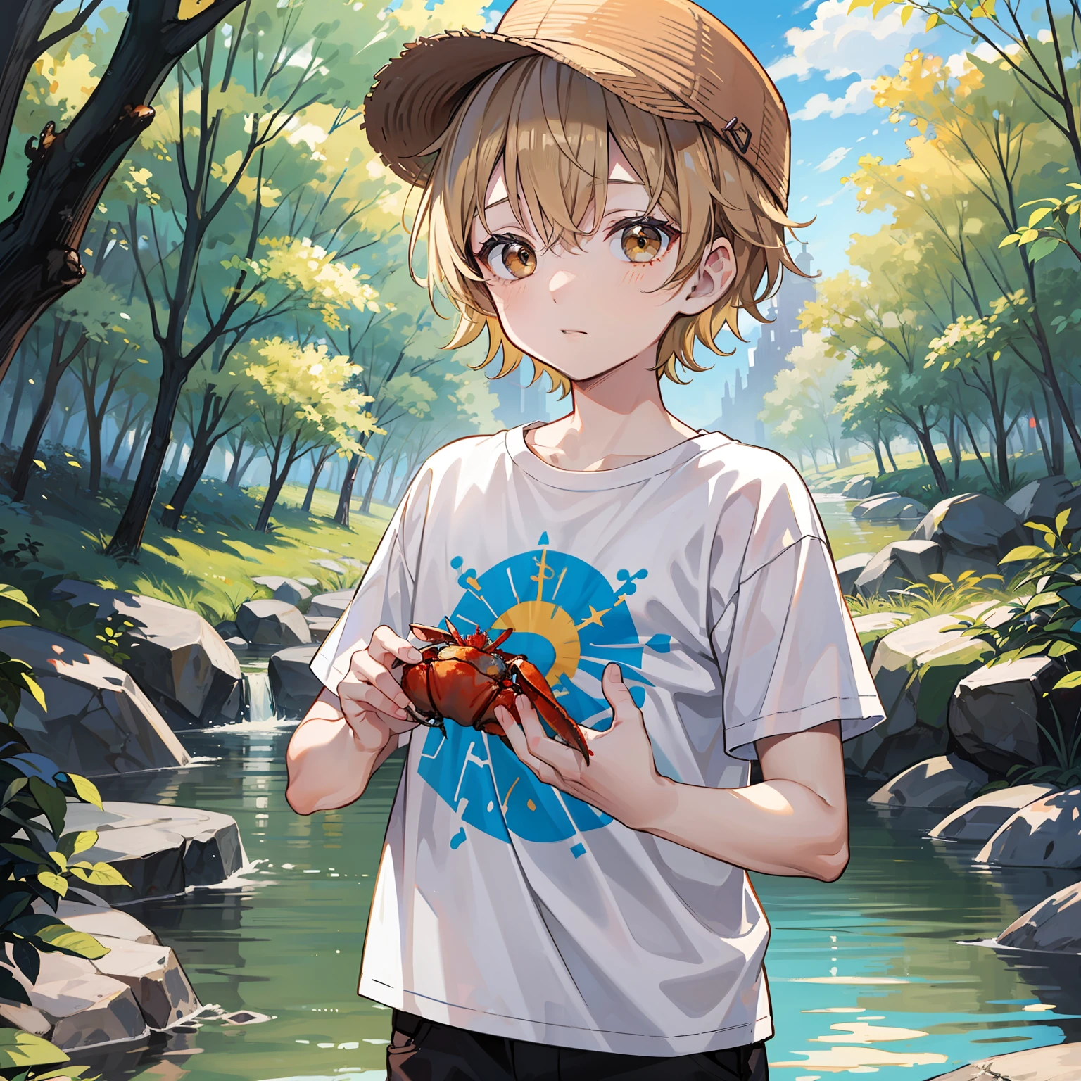 12 year old boy(Relaxed、sun beam、Kind),Short blonde hair,Light brown eyes,White T-shirt,Catch crabs in the creek,tmasterpiece,hightquality