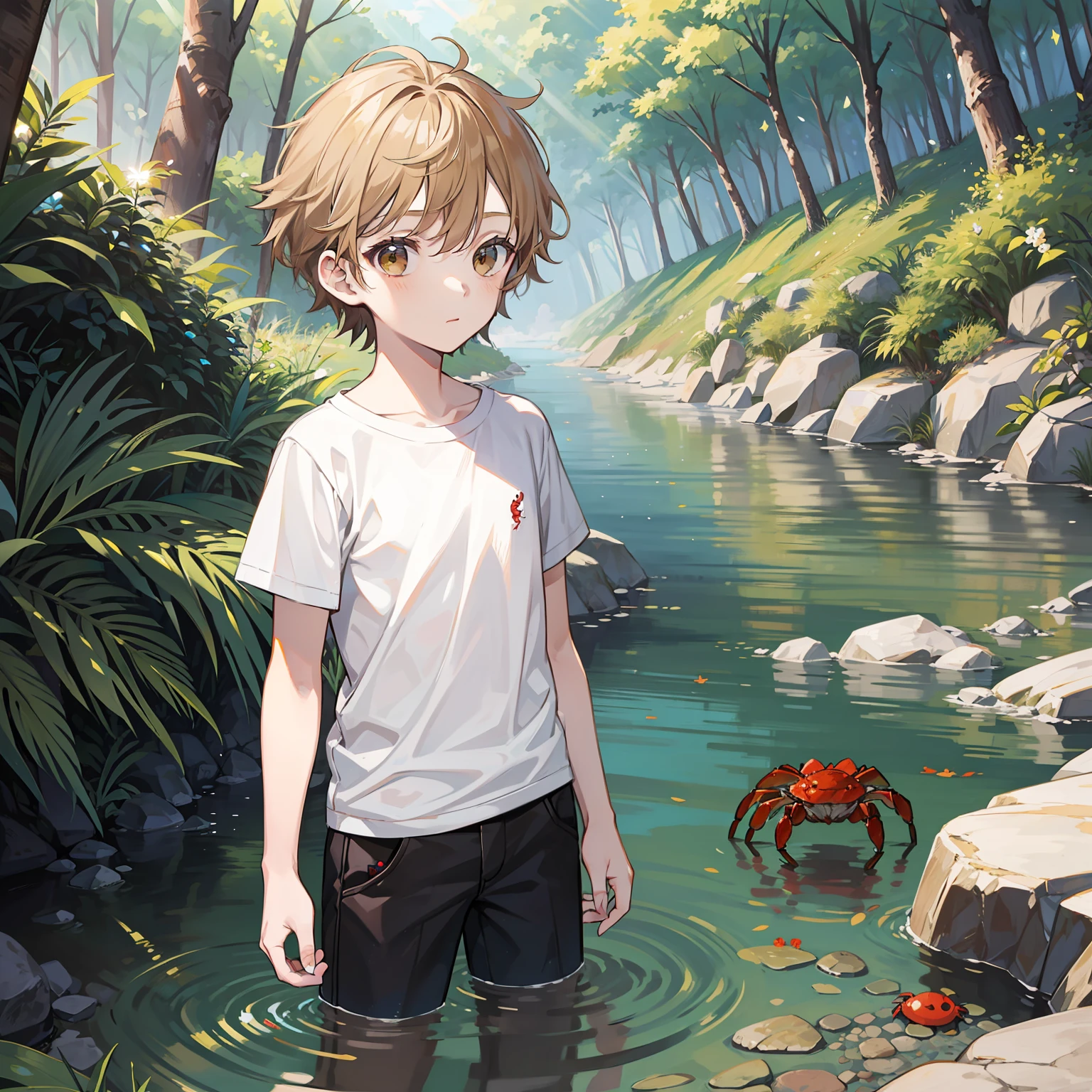 12 year old boy（Relaxed、sun beam、Kind），Short blonde hair，Light brown eyes，White T-shirt，Catch crabs in the creek，tmasterpiece，hightquality
