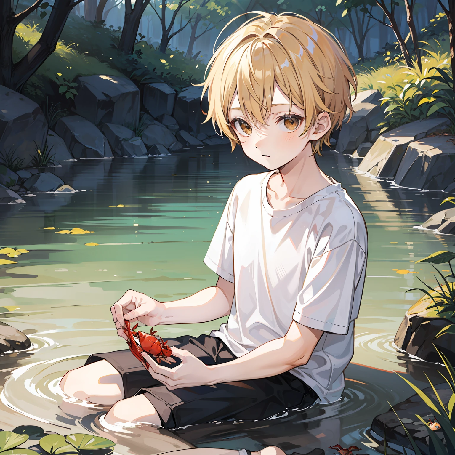 12 year old boy(Relaxed、sun beam、Kind),Short blonde hair,Light brown eyes,White T-shirt,Catch crabs in the creek,tmasterpiece,hightquality