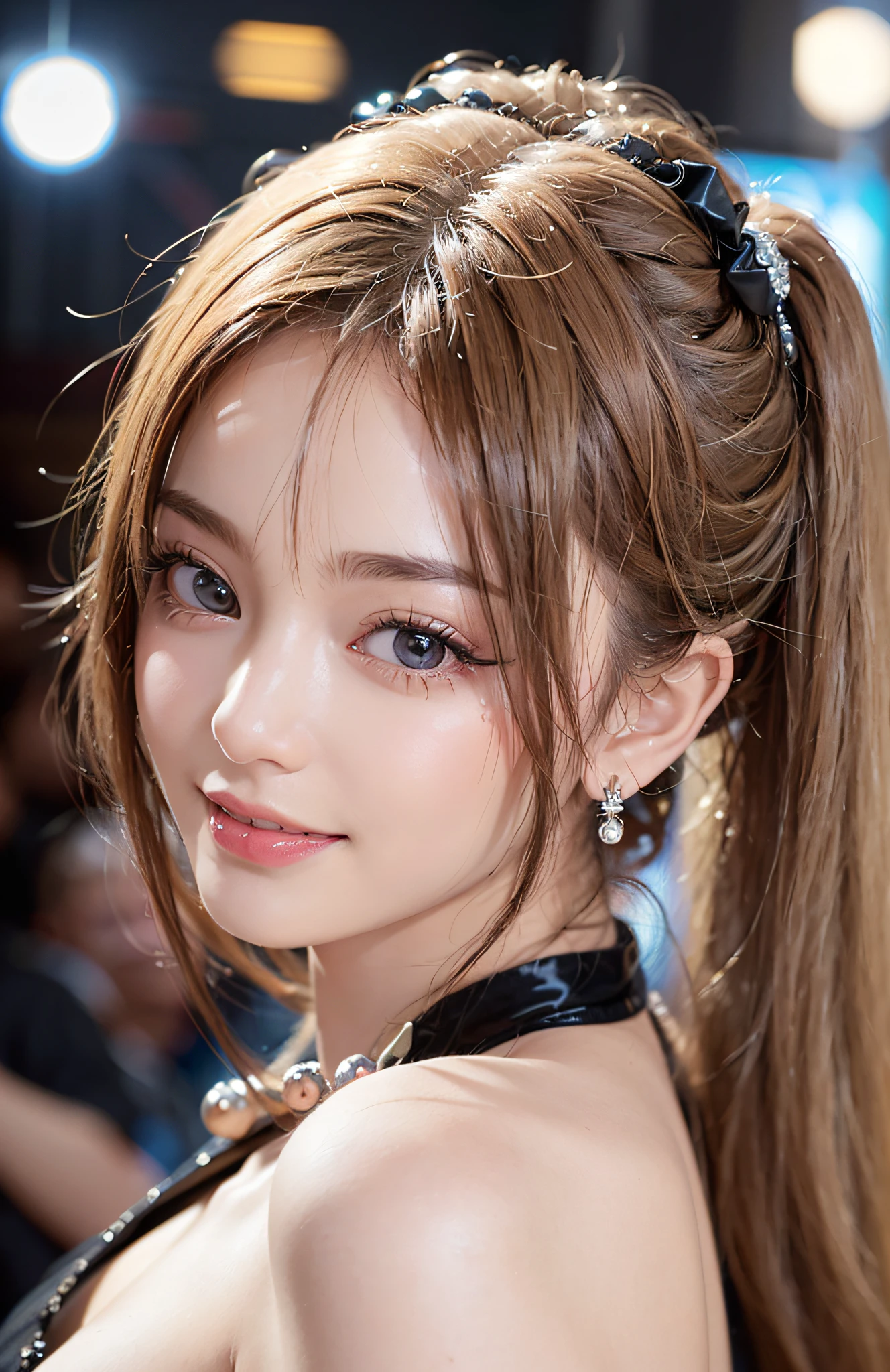 (A hyper-realistic)、(illutst)、(A high resolution)、(8K)、(Extremely detailled)、(Best Illustration)、(beautifully detailed eyes)、(beste-Qualit)、(ultra hyper-detailed)、(​masterpiece)、(wall-paper）、（detailed faces）、独奏、a 1 girl、fullllbody、(Burst breasts:1.5)、Complex summer clothes、Stage costumes、mini-skirts、frilld、Ren Hao、female idol、Dancing on stage、Eyes on the viewer、Detailed eyes and mouth、detailed faces、stage、lowkey、pureerosfaceace_v1、Happy smiling face、Wave blonde、Clean bangs、Beautiful teeth alignment、Blushing cheeks、from behind and be、backshots、poneyTail