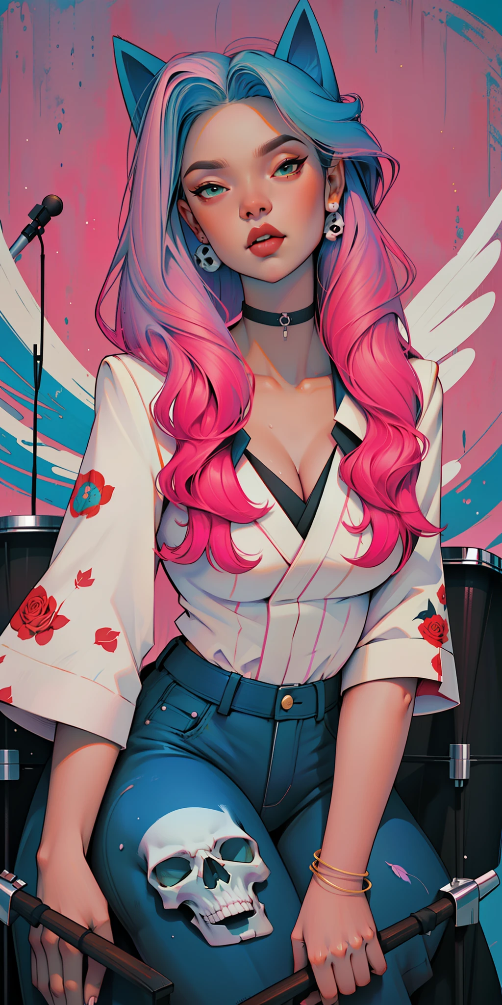 Background, In chic boho style, in club, Ice cream print, multi-colored neon lights, neon garlands, rose hair, mixed-language_SMS, Japanese, (beautiful and clear background:1.2),, fantastic paintings ,graffit style, highly detail eyes , underwear, lace, latex, Pink, Purple, mint, Blue, Yellow, belve, lavender hair, Skull Print, body piercings, Loving, Love, ultra detail hair, Masterpiece, Best Quality, hiquality, hight resolution, detail enhancement, ((most beautiful image in the world)), Masterpiece, Best Quality, hiquality, hight resolution, detail enhancement, ((most beautiful image ), Shiny pink degrade hair, Ultra Short Fitted Stampa, art by stjepan sejic, art by j scott campbell, Artist Guillem March, art by citemer liu, 4k, hight resolution, comic book character, comic, high quality detailed,   style of ::2.0 comix illustration style,tatoon style, hiquality, hight resolution, detail enhancement, 8K, HD, Best Quality, hiquality, hight resolution, detail enhancement, 8K, HDR, sharp-focus, Ultra Detailed, perfect  lighting, Curvy Body, Lush breasts, Curvy hips, skull print on clothes, rock, rock star, Cool,black leather jacket with skull print, style of, spikes, Punk Rock, Wolf, Cat's ears, Cool bracelets, Choker, calavera, gotik, Skinny,  (((Plays drums))) Plays drums, Plays, Drums, drams drummer, drumsticks, virtuoso, Angel, feathers, geisha