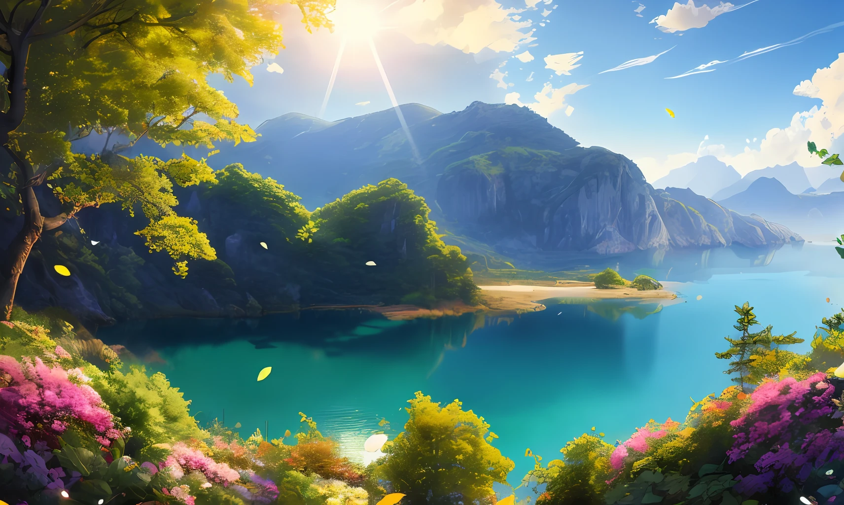 Masterpiece, best quality, (very detailed CG unity 8k wallpaper) (best quality), (best illustration), (best shadows) Nature&#39, blue sea,delicate leaves petals of various colors falling in the air light Tracking, super detailed --v6