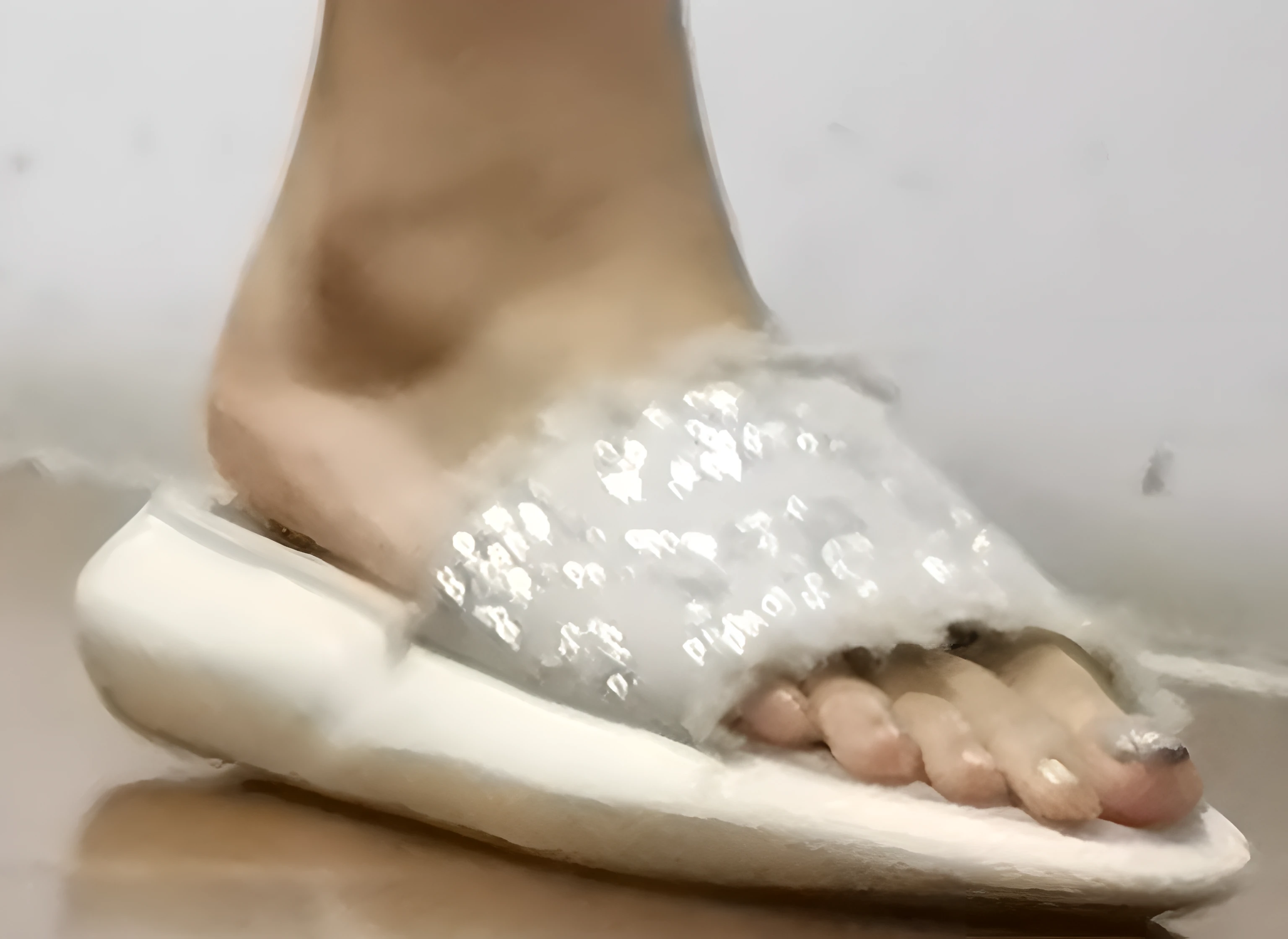 The feet of a 40-year-old beautiful Chinese woman，There are silver-white diamond-set manicurs on the toes，UHD,anatomically correct, high details, super detail, best quality,