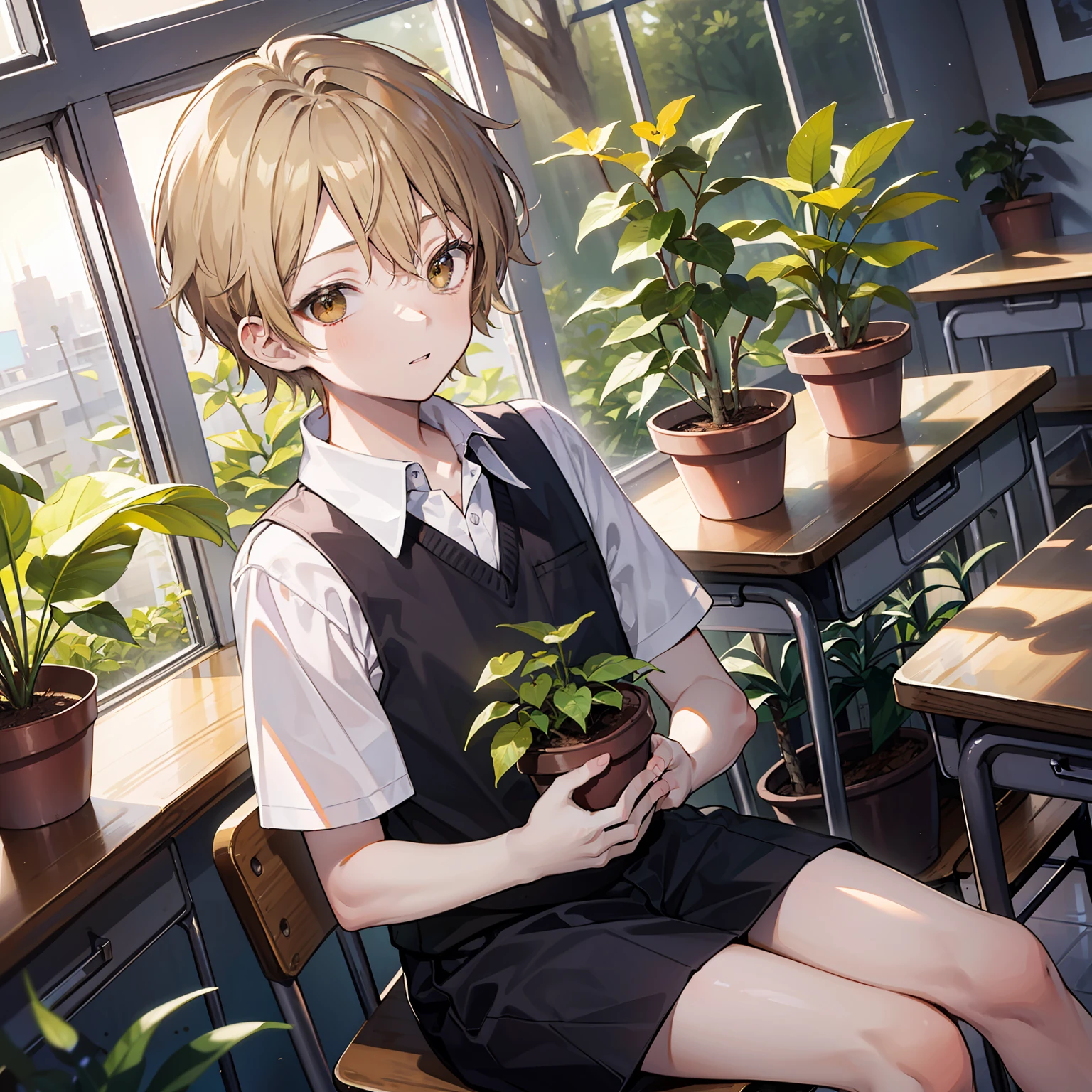 12 year old boy(Relaxed、sun beam、Kind),Short blonde hair,Light brown eyes,Take care of plants in the classroom,tmasterpiece,hightquality