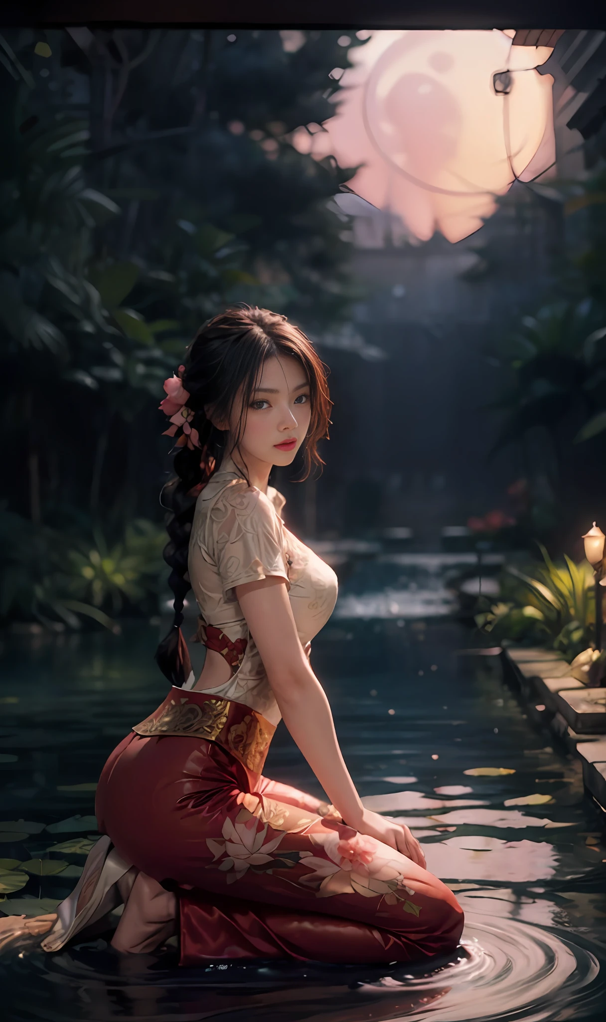 Kneeling in a lotus pond, lots and lots of lotus flowers, art depicts a charming woman in a flowing, silky traditional oriental dress in pink, tight translucent trousers, decorated with intricate patterns and bright colors. Her dress drapes elegantly over her curvy figure, accentuating her seductive silhouette. She knelt gracefully by the tranquil lotus lake, bathed in the soft glow of the moonlight. The scene exudes an ethereal and dreamy atmosphere, with a touch of mystery and sexiness. The graphic style blends watercolor and digital illustration techniques to evoke a refined beauty and charm. The lights are filled with soft moonlight, casting soft highlights and shadows on her charming features. Bare thighs, wearing tight translucent pants, large breasts, three-dimensional facial features, kneeling, upturned legs, side braids