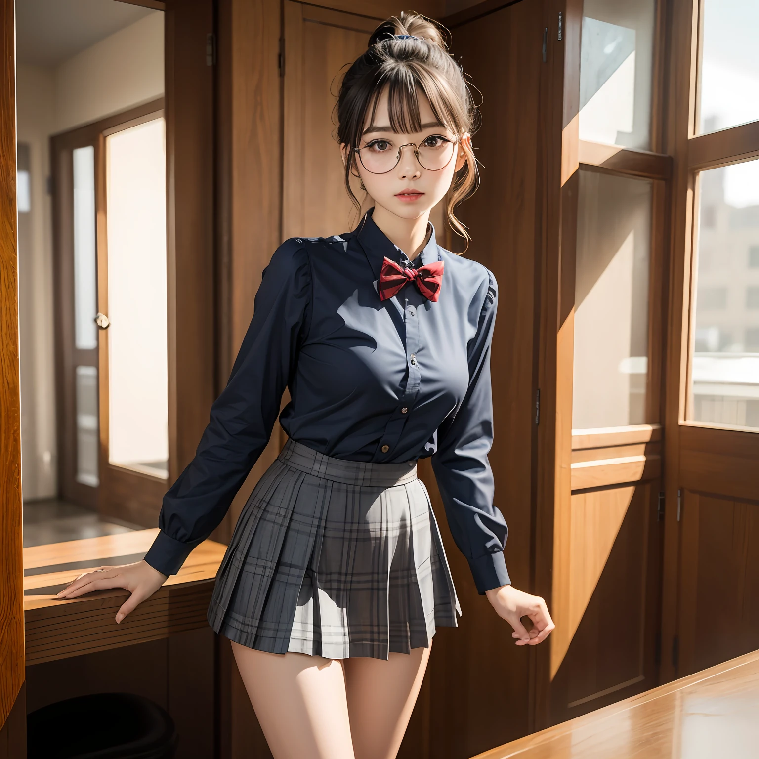 (8K、Raw photography、beste-Qualit、masterpiece:1.2)masterpiece,beste-Qualit、Super-High Resolution,Raw photo,ren,Beautiful fece,shorth hair,One person, 独奏,eye glass,,Dark look,Small breasts,fullllbody,Round glasses、cute little、japanese lady,is standing,Hard-eyed,skinny,Rasping,irate,small tits,flat breast(Realistic、a photorealistic:1.37)、Photon mapping,Light blue ribbon,Realistic、Cute little face,short hair ponytail,Brown-eyed、Black socks、Red bow tie、Radio City、Physically Based Rendering、Foreground、depth of fields、Blurry background、The photograph,The girls、Body, Long legs, Thin leg, Medium hair,(Bangs are visible), Hair_ornament detached, s lips, Blue_The eye, nosesoft, Light blue shirt, Navy blue and white plaid pleated skirt, Sheer clothing,, Thigh, Black cotton socks