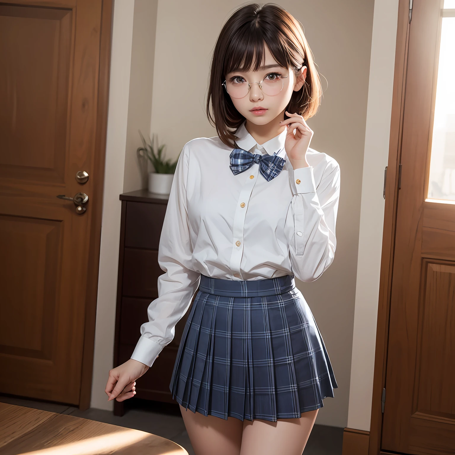 (8K、Raw photography、beste-Qualit、masterpiece:1.2)masterpiece,beste-Qualit、Super-High Resolution,Raw photo,ren,Beautiful fece,shorth hair,One person, 独奏,eye glass,,Dark look,Small breasts,fullllbody,Round glasses、cute little、japanese lady,is standing,Hard-eyed,skinny,Rasping,irate,small tits,flat breast(Realistic、a photorealistic:1.37)、Photon mapping,Light blue ribbon,Realistic、Cute little face,short hair ponytail,Brown-eyed、Black socks、Red bow tie、Radio City、Physically Based Rendering、Foreground、depth of fields、Blurry background、The photograph,The girls、Body, Long legs, Thin leg, Medium hair,(Bangs are visible), Hair_ornament detached, s lips, Blue_The eye, nosesoft, Light blue shirt, Navy blue and white plaid pleated skirt, Sheer clothing,, Thigh, Black cotton socks