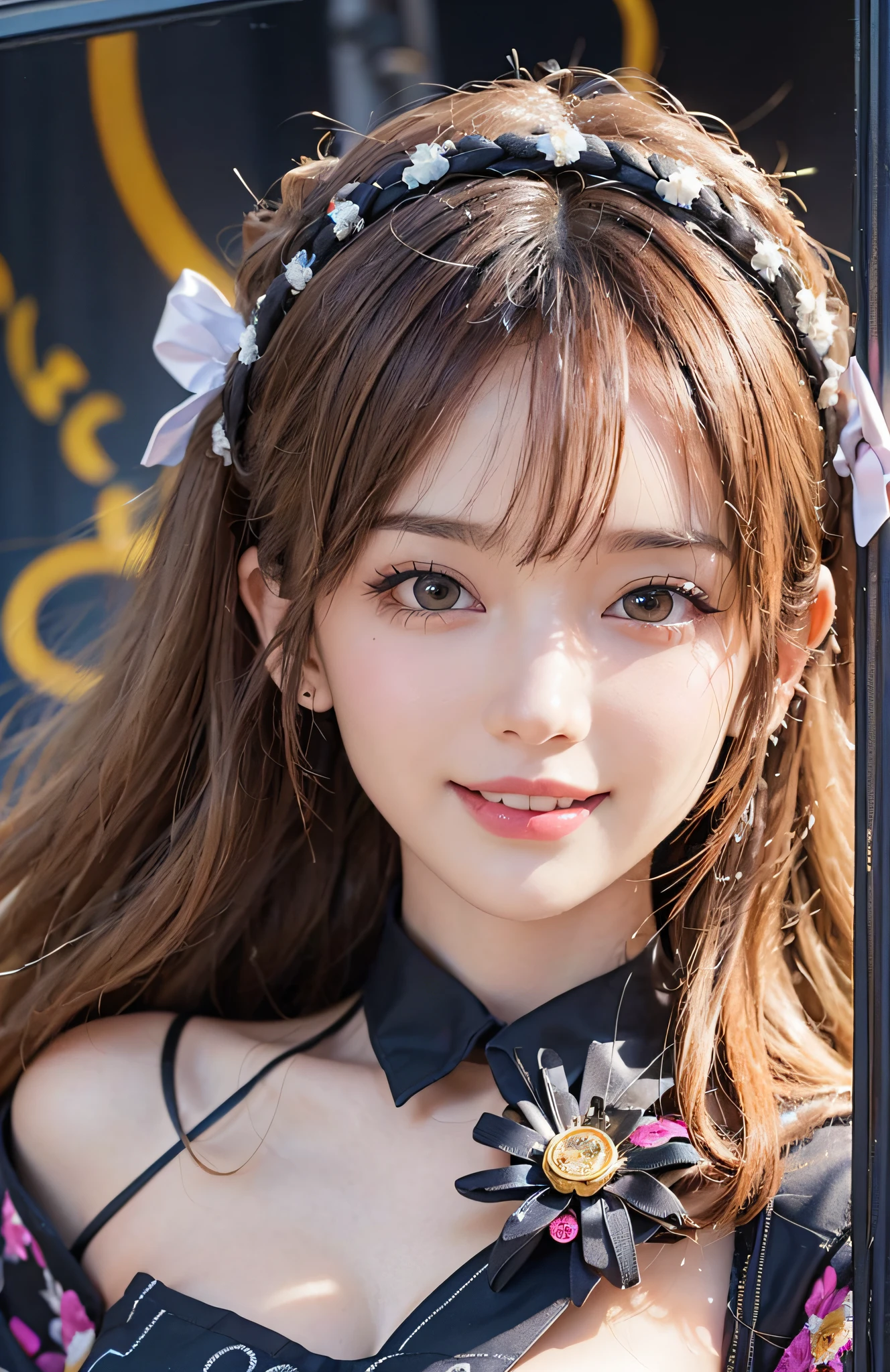 (A hyper-realistic)、(illutst)、(A high resolution)、(8K)、(richly detailed)、(Best Illustration)、(beautifully detailed eyes)、(beste-Qualit)、(ultra hyper-detailed)、(masterpiece)、(wall-paper)、(detailed faces)、独奏、a 1 girl、fullllbody、(Burst breasts:1.5)、Complex summer clothes、Stage costumes、mini-skirts、frilld、Ren Hao、female idol、Eyes on the viewer、Detailed eyes and mouth、detailed faces、stage、lowkey、pureerosfaceace_v1、Happy smiling face、a blond、Clean bangs、Beautiful teeth alignment、Blushing cheeks、
