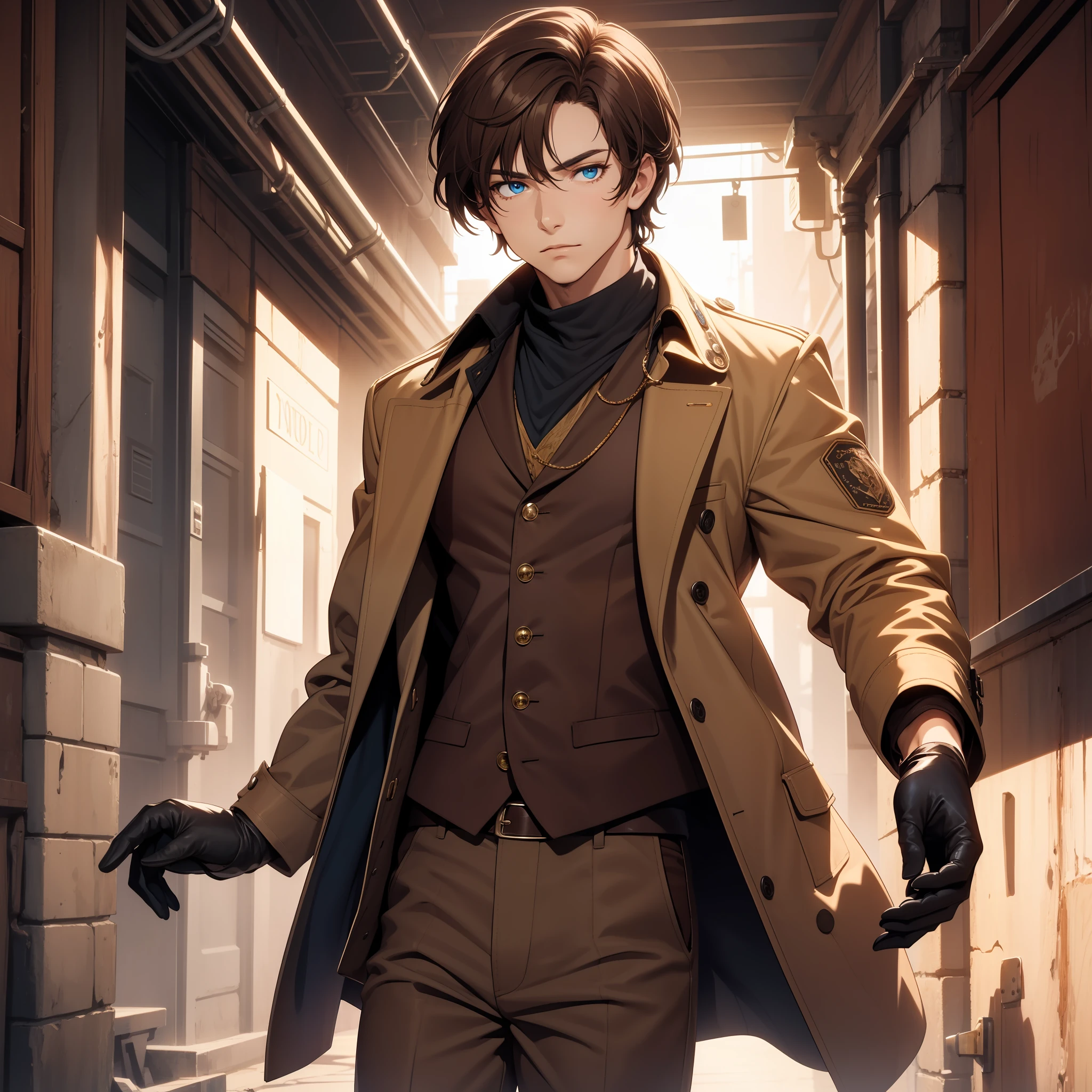 solo male, brown vest, brown coat, brown pants, black hair, blue eyes, brown gloves, cowboy, wild west background, slim