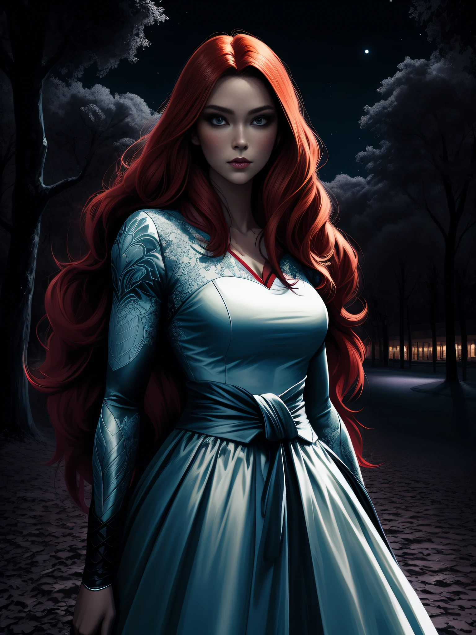 artgerm lau, beautiful caucasian lady in park in moonlight, shadows, hdr, ginger long hair down to her waist, wearing a white dress, anatomical correct, (high contrast:1.2), dark, night, outlined