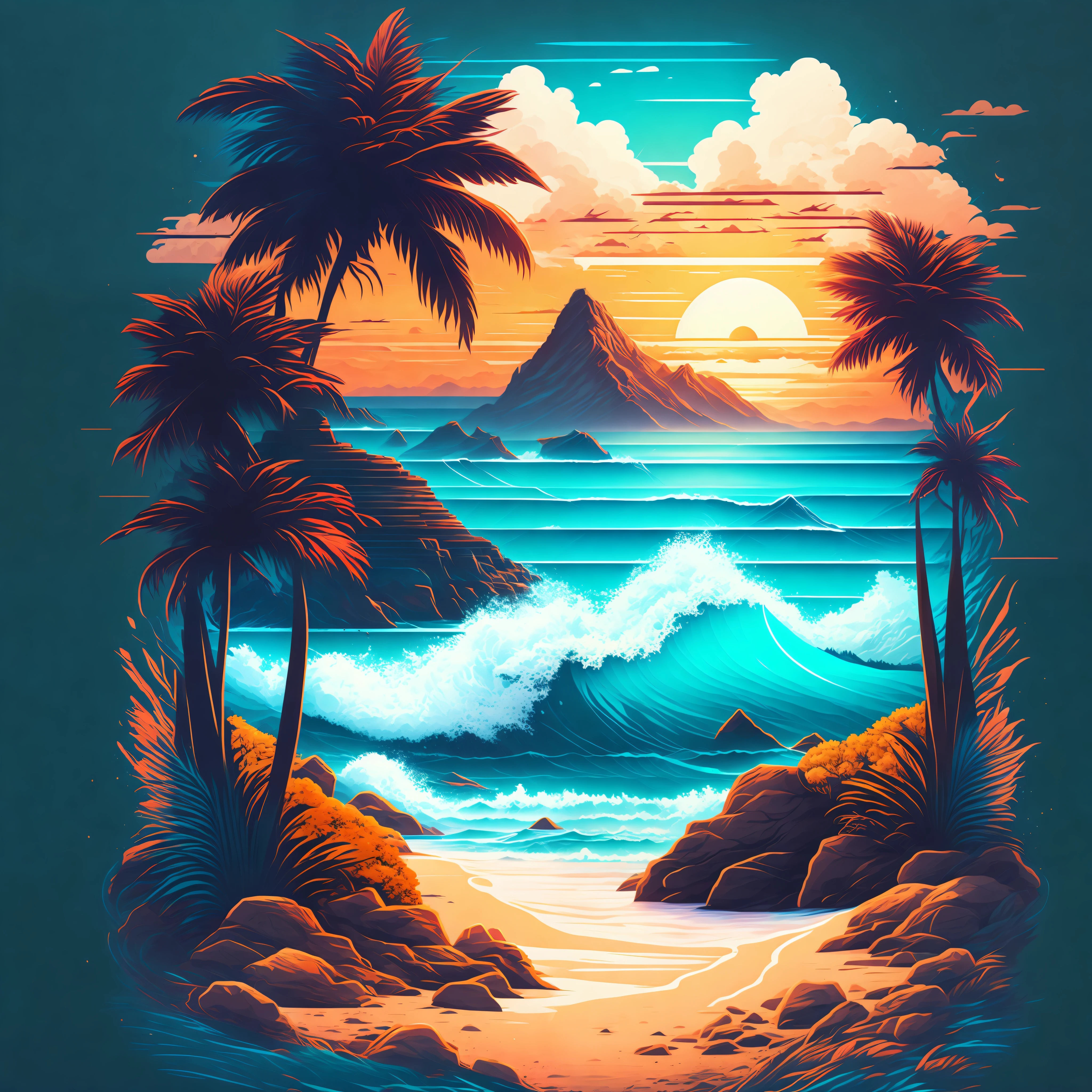 A beach in a summer landscape, T-shirt design, Midjourney, Vector Art, Hydro74