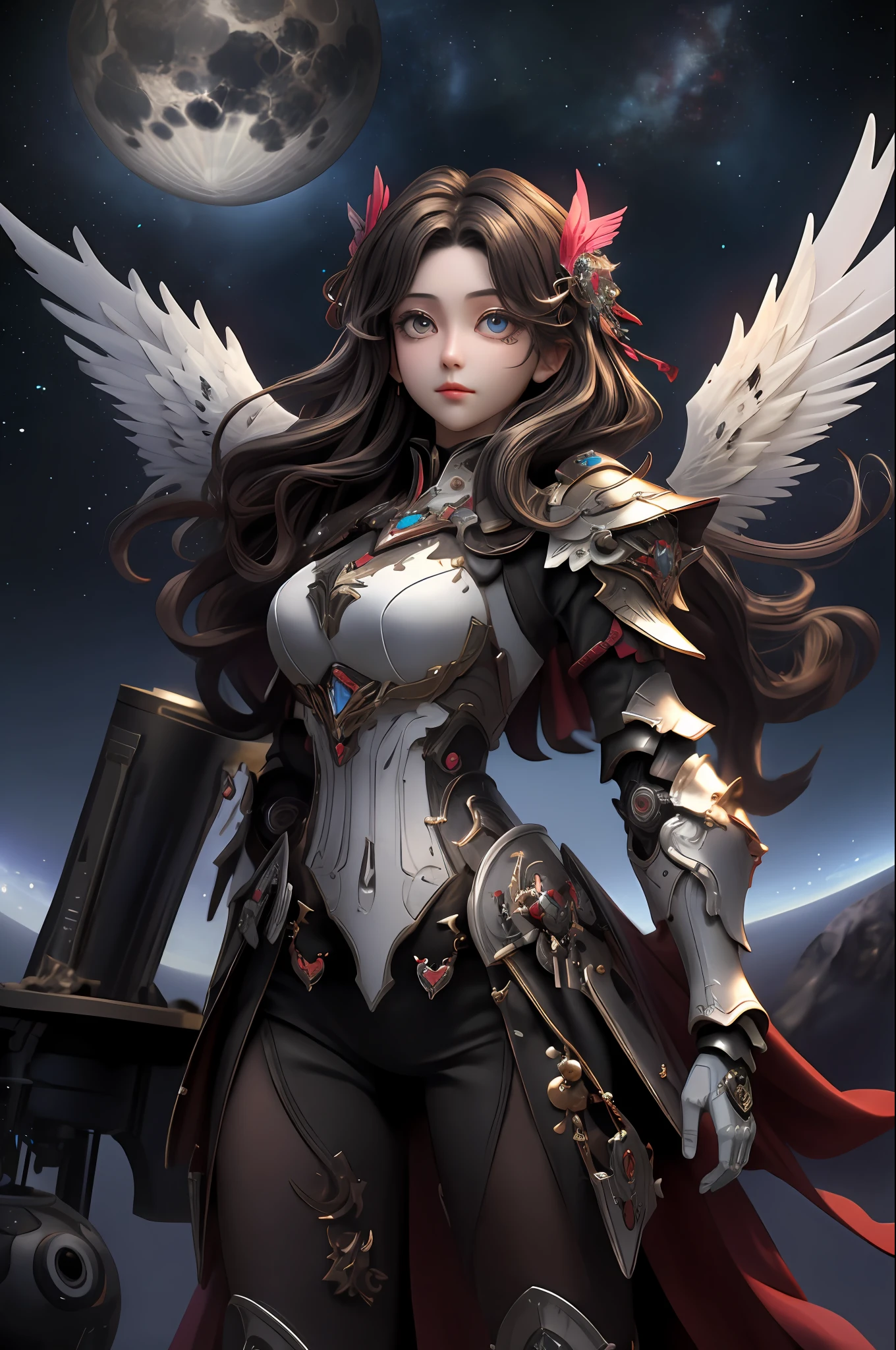 A dark angel dressed in mechanical armor，（best quailty，8K，tmasterpiece:1.3），digital DSLR camera，hightquality，（（A dark angel dressed in mechanical armor，With wings，sacred aura，floating in air，falling from the sky）），Dark planet background，Petite body，（beautiful detailed eyes）， （Super detail）， （Desktop Wallpapers），Beautiful face ，（Detailed face），perfect figure beautiful woman:1.4， Clear facial features，space，salama，Dramatic scenes，cinmatic lighting，super high-RES，ultra high detailed，k hd