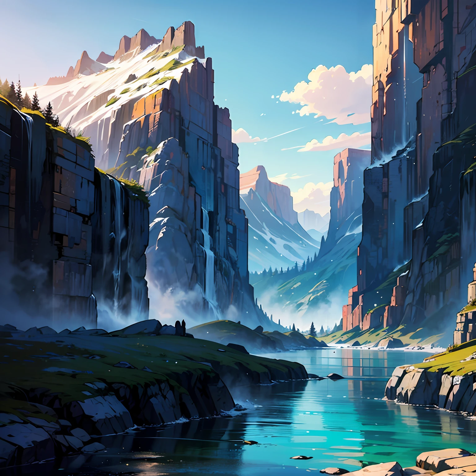 the wind,waterfallr,mountains, rivers and water vapor
