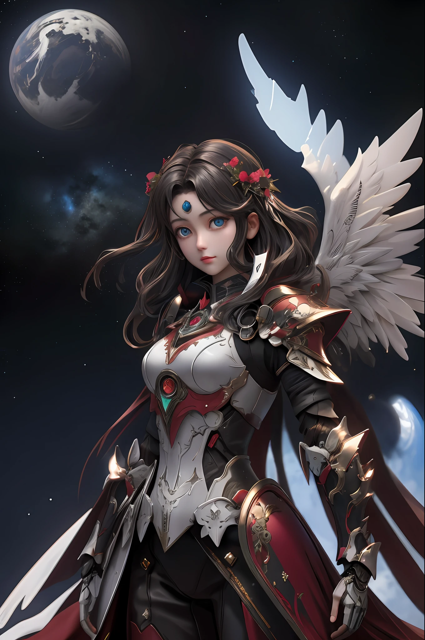 A dark angel dressed in mechanical armor，（best quailty，8K，tmasterpiece:1.3），digital DSLR camera，hightquality，（（A dark angel dressed in mechanical armor，With wings，sacred aura，floating in air，falling from the sky）），Dark planet background，Petite body，（beautiful detailed eyes）， （Super detail）， （Desktop Wallpapers），Beautiful face ，（Detailed face），perfect figure beautiful woman:1.4， Clear facial features，space，salama，Dramatic scenes，cinmatic lighting，super high-RES，ultra high detailed，k hd