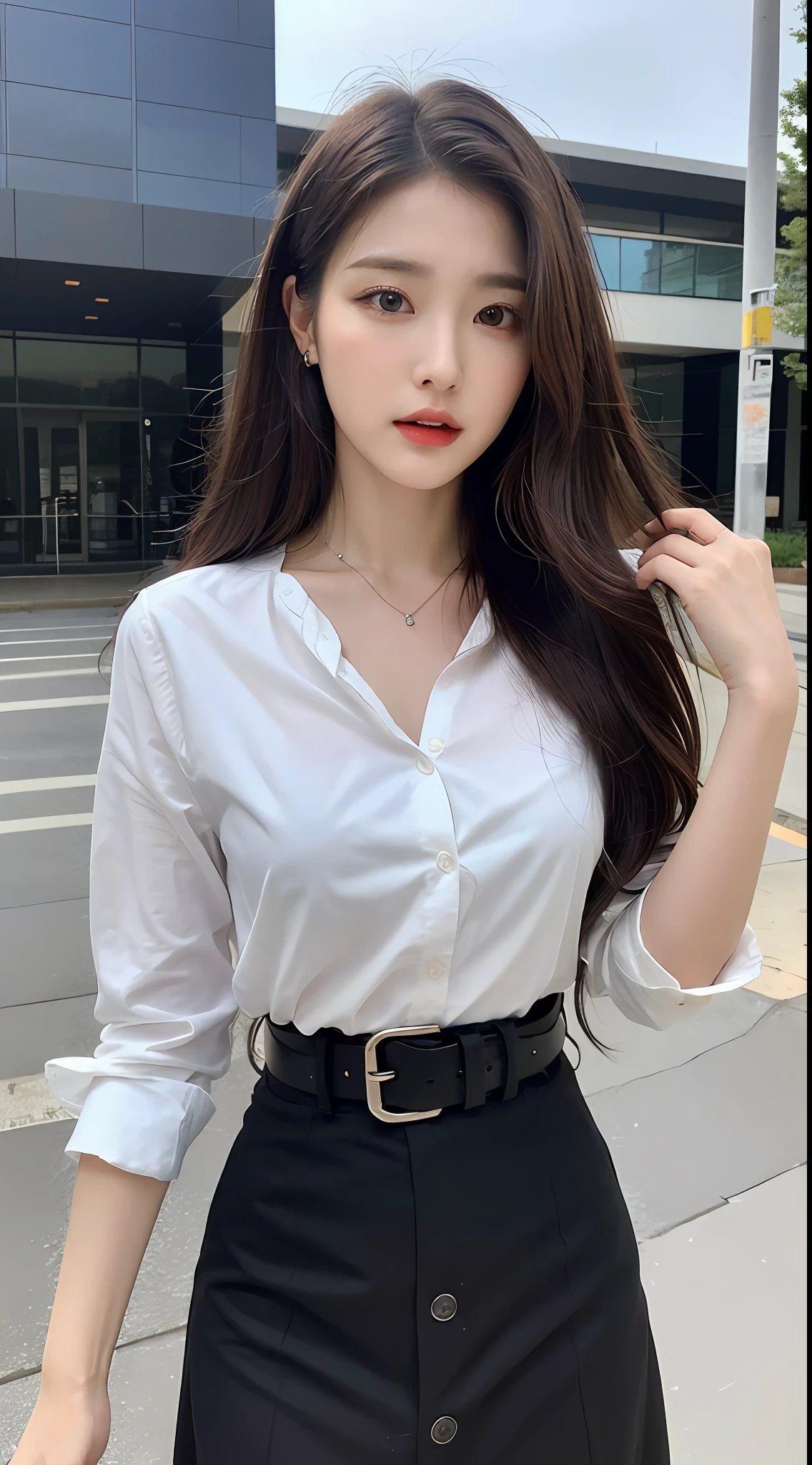 (Best quality, High resolution, Masterpiece :1.3), A tall and pretty woman, Slender abs, Dark brown hair styled in loose waves, Breasts, Wearing pendant, White button up shirt, Belt, Black skirt, (Modern architecture in background), Details exquisitely rendered in the face and skin texture, Detailed eyes, Double eyelid