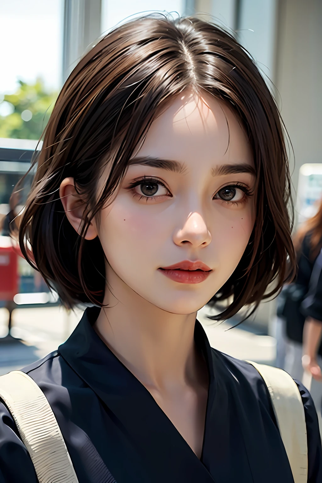 (supermarket:1)、PM、Doctor Gown、Brown hair、Black eyes、女の子1人、innocence、(realistic)、(intricate-detail:1.2)、(masterpiece、:1.3)、(beste-Qualit:1.4)、 (Super-High Resolution:1.2)、Super-High Resolution、(well-detailed eyes)、(detailed facial features)、HDR、8K resolution、(lensflare:0.7)、turned around、Face Viewer、drshe