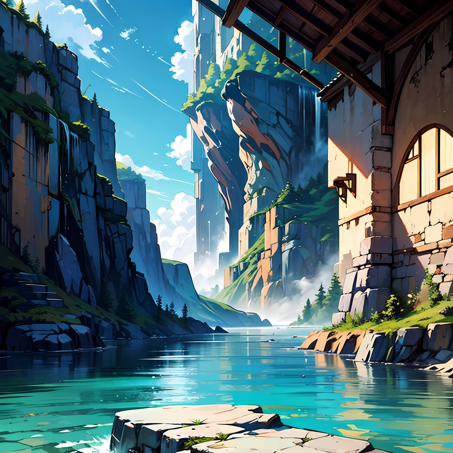 the wind,waterfallr,mountains, rivers and water vapor