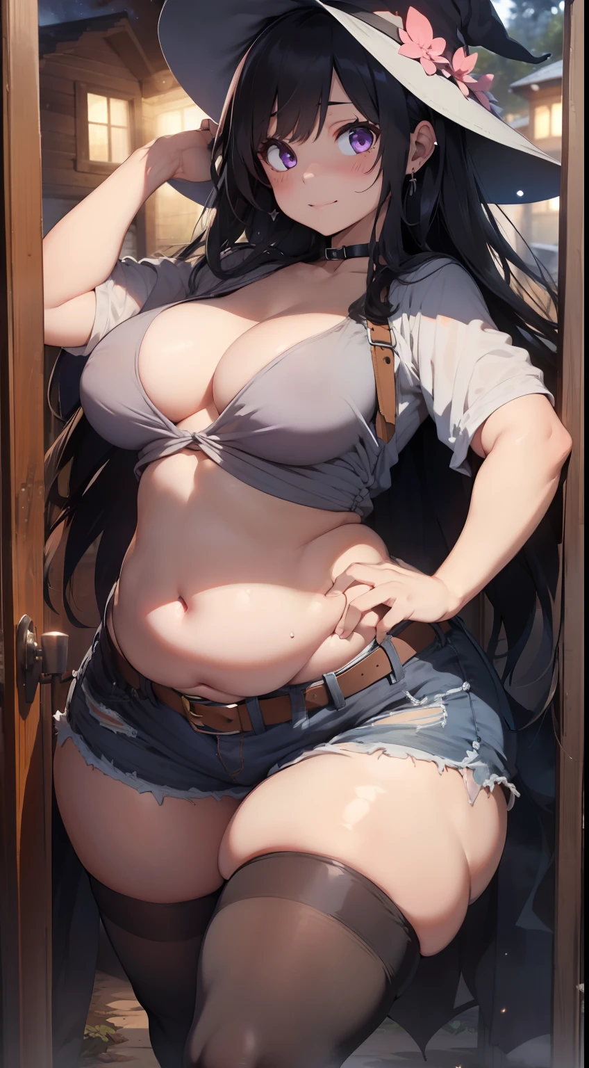 Masterpiece, high quality, best quality, beautiful, HD, perfect lighting, detailed face, detailed body, ((1girl)), ((solo)), medieval fantasy, fantasy village, long black hair, (fluffy hair), flowing hair, purple eyes, confitent smile, blush, ((black crop top)), ((shorts)), thigh highs, choker, belt across hip, witches hat, (((small breasts))), cleavage, perky breasts, she is bottom-heavy, ((((wide hips)))), (((((thick thighs))))), ((((chubby)))), fat rolls, ((tummy bulge)), ((belly bulge over belt)), ((belly hang)), small cabin, woods, inside, night time, dress is tight around the belly area, she has gained weight,