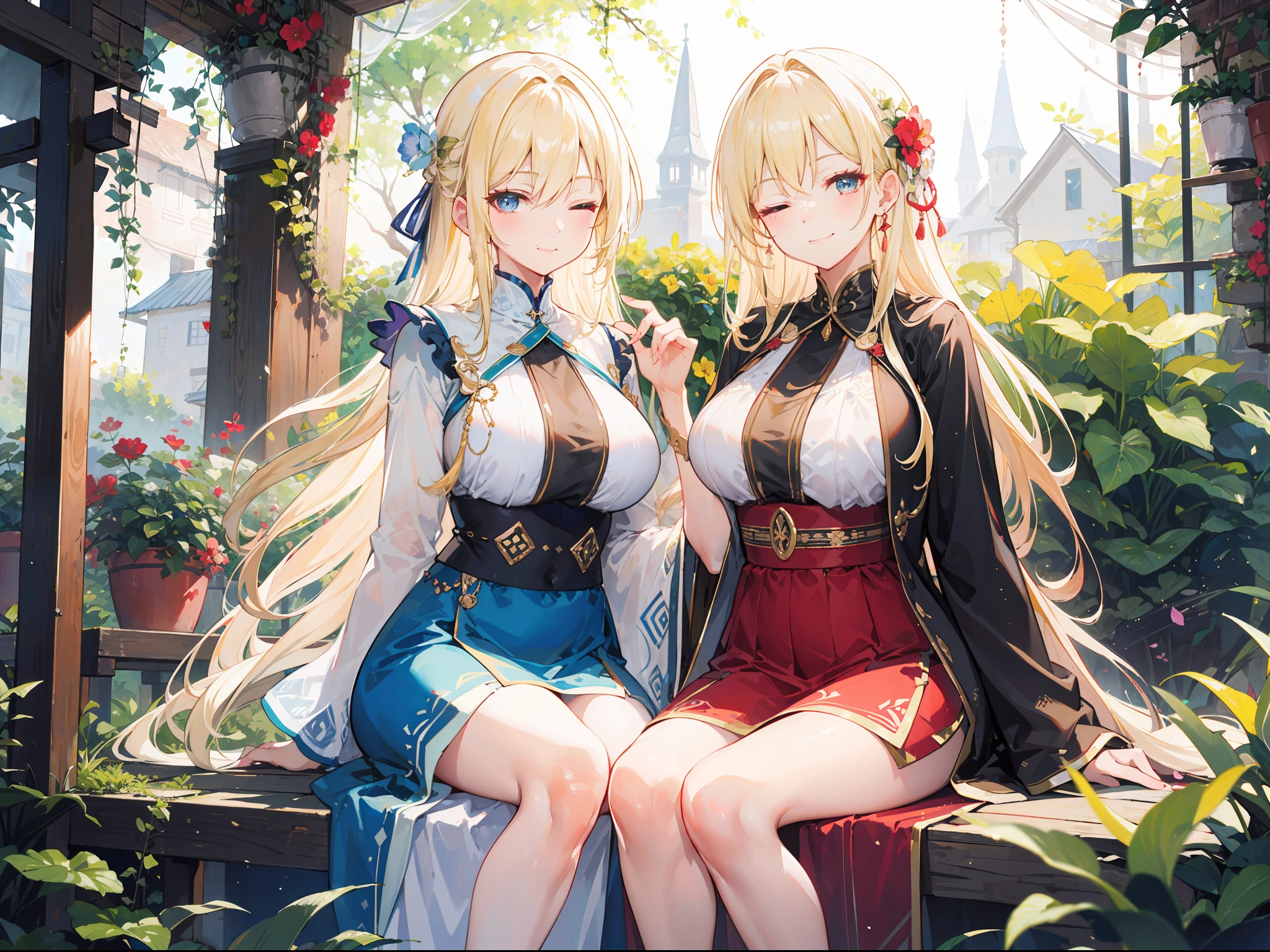 "Epic morning garden atmosphere, stunning 4k artwork featuring a confident mommg long flowing vibrant light-blonde hair. Two eyes closed. She sitting with smile, and she have powerful mommy aura and wear village cloth"