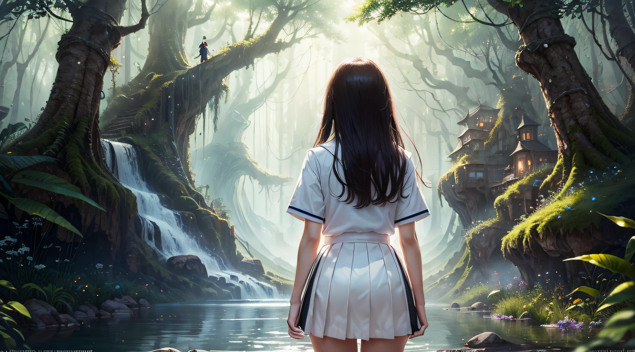 ((Masterpiece)), (((Best Quality))), ((Ultra-detailed)), (Amazing:1.1), A back view of a high school girl, ((A beautiful high school girl lost in a surreal world of dreamlike landscapes)), A high school girl shopping in a mysterious shopping street, A floating island in the sky, A waterfall flows from the floating island, (17 yr old), person from behind, Flowers, wind flow, (((wearing school uniform))), black eyes, black hair, white socks, 8 life size, detailed hairstyles, detailed bodyline, Realistic, (((Fantasy))), frontier, surrealism, in a deep forest, Concept art, Raw, Detailed background, Complex background, wallpapers, Poster, sharp-focus, hyper-realism, insanely detailed, lush detail, filigree, Intricate, crystalline, perfectionism, max detail, 4K UHD,