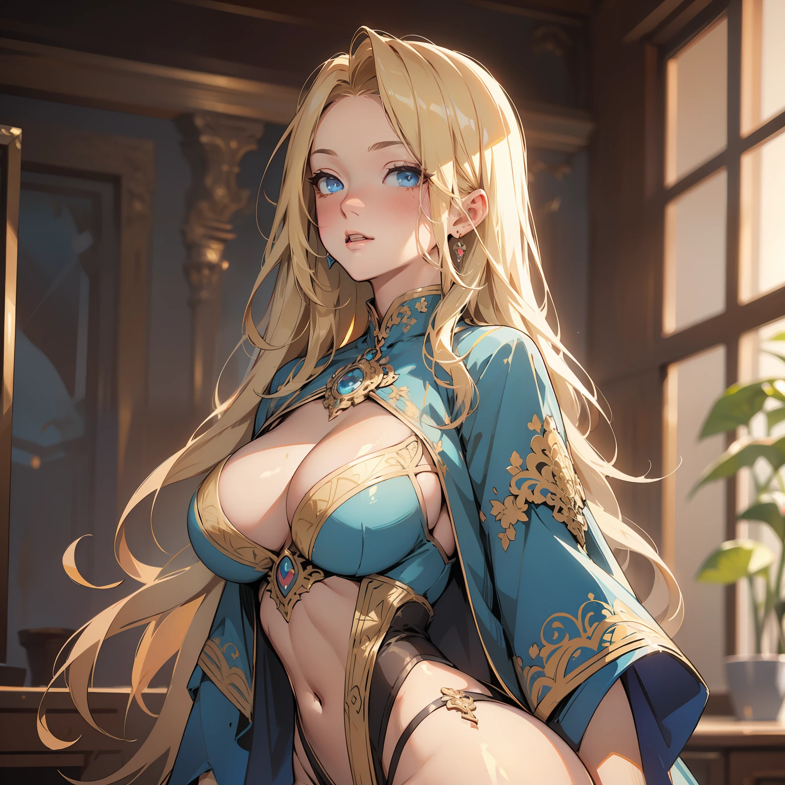 Masterpiece: 1.2, best quality, realistic, (real image, intricate details, depth of field), beautiful blonde woman, she has stunning blue eyes, highly detailed, perfect face, (huge breasts: 1.3), (skin dentition), thick thighs, wide hips, small waist, tall, (huge ass: 1.1), blushing, sexy, nijistyle