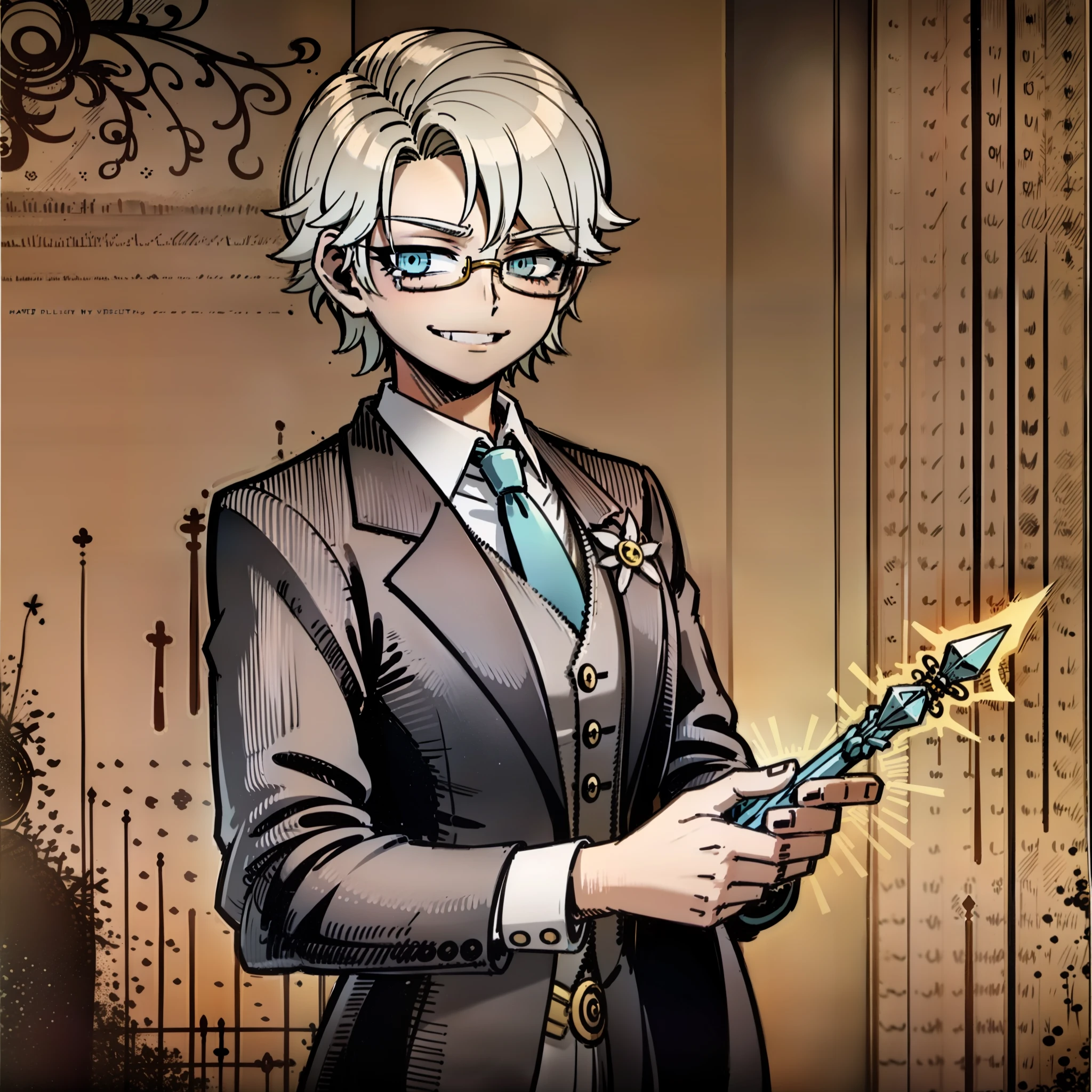 Best quality，（Blood on the face）（Brutal smile）（Morandi color matching）（American style）（Monotonous color scheme）（Full body like）（illustration）（The background is blue）（Delicate paper cut style）（A smiling man）（dressed in a suit）（monocle）（Pan）（blue color eyes）（whaite hair）（blood stain）（Hold a spear in your hand）
