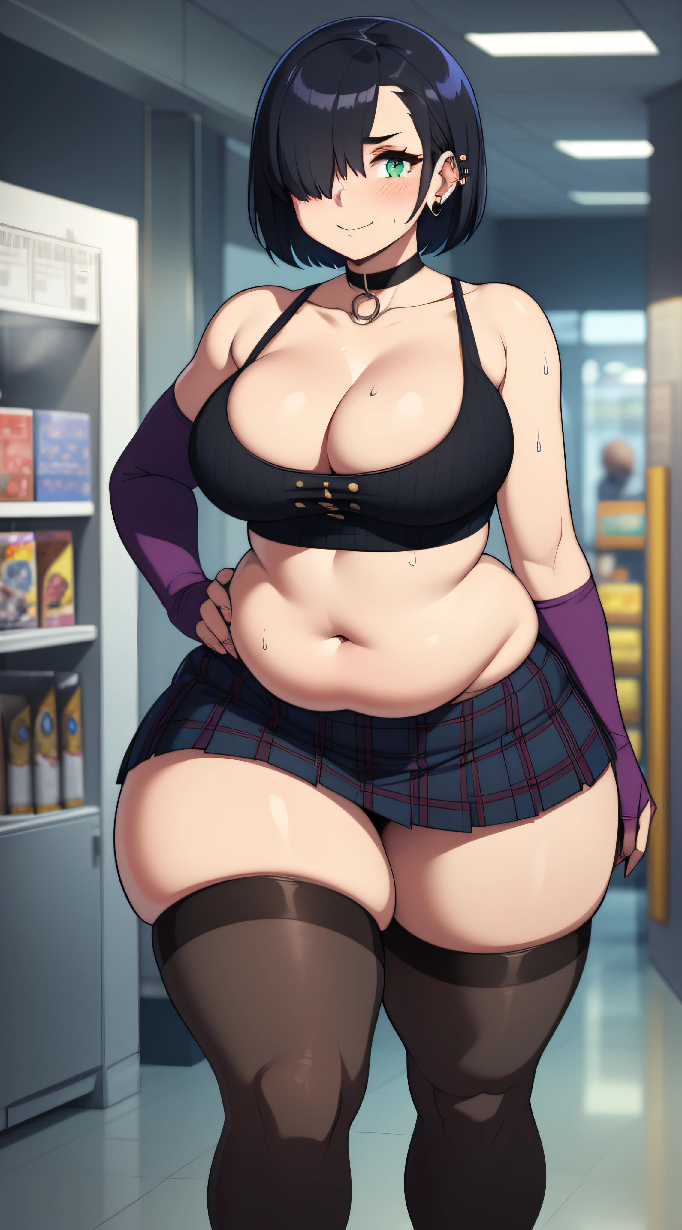 (((kipteitei art))), ((masterpiece)), (((best quality))), ((ultra-detailed)), (((illustration))), (1girl), (solo), ((Line art)), (in the style of cell shaded), (vivid colors), skindentation, short hair, {black hair}, ((hair over one eye)), (Fluffy hair), messy hair, looking at viewer, green eyes, blush, warm smile, nervous, affectionate, cute, goth girl, sweating,out of breath, ear piercing, choker, ((black crop top)), plaid skirt, (short skirt), thigh highs, black arm warmers, medium breasts, cleavage, (((wide hips))), (((((thick thighs))))), (chubby belly), belly rolls, navel, dynamic pose, standing, angled facing, facing to the side, mall, stores, in public,