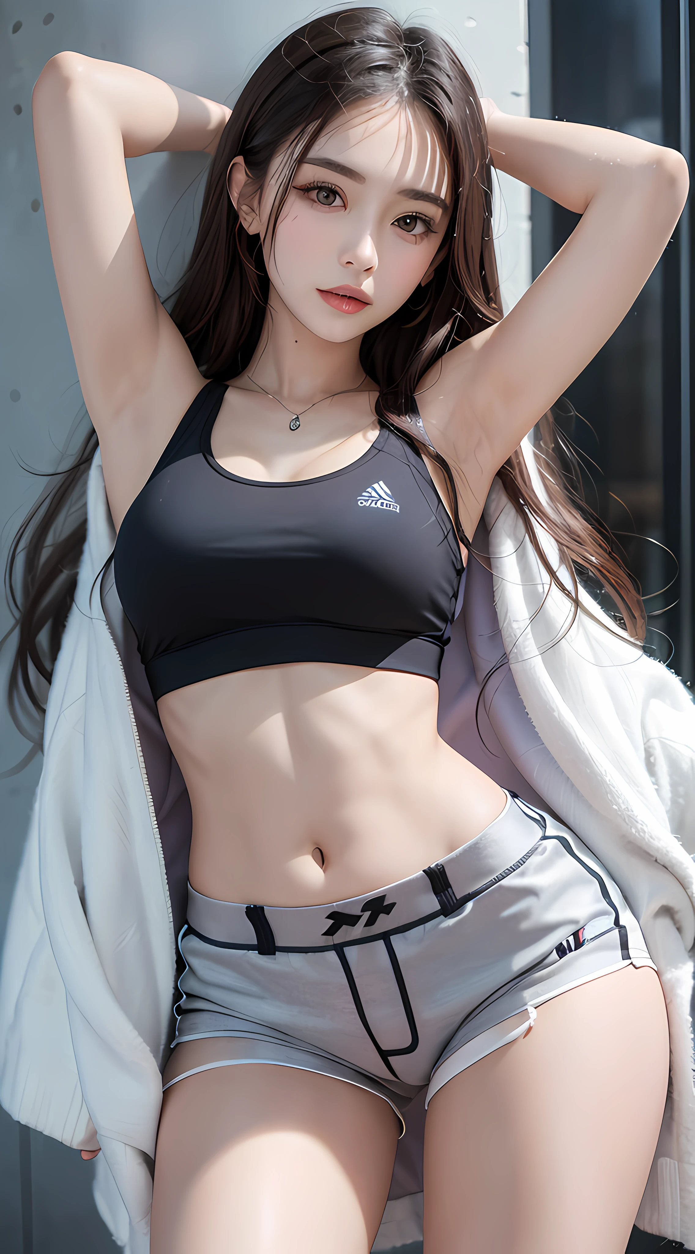 Beauthful，（（Clothes Damaged）），（（（Shy））），（（（with legs apart））），（（Sports bra）），（upshorts），Whole body diagram，ultra detali，masterece-piece，Highest image quality，8K分辨率，（exquisitedetails），（（（Extreme color））），Beautiful eyes（（with 2 sides up）），（Detailed engraving of the picture part），（（White Very Long Hair，Untidy））