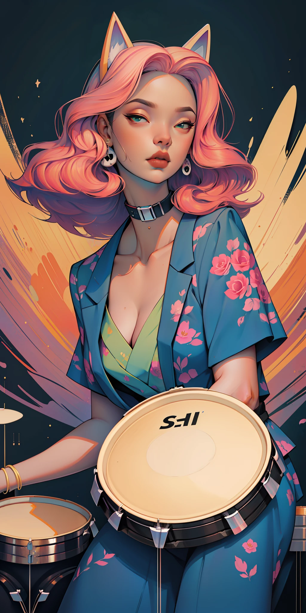 Background, In chic boho style, in club, Ice cream print, multi-colored neon lights, neon garlands, rose hair, mixed-language_SMS, Japanese, (beautiful and clear background:1.2),, fantastic paintings ,graffit style, highly detail eyes , underwear, lace, latex, Pink, Purple, mint, Blue, Yellow, belve, lavender hair, Skull Print, body piercings, Loving, Love, ultra detail hair, Masterpiece, Best Quality, hiquality, hight resolution, detail enhancement, ((most beautiful image in the world)), Masterpiece, Best Quality, hiquality, hight resolution, detail enhancement, ((most beautiful image ), Shiny pink degrade hair, Ultra Short Fitted Stampa, art by stjepan sejic, art by j scott campbell, Artist Guillem March, art by citemer liu, 4k, hight resolution, comic book character, comic, high quality detailed, style of ::2.0 comix illustration style,tatoon style, hiquality, hight resolution, detail enhancement, 8K, HD, Best Quality, hiquality, hight resolution, detail enhancement, 8K, HDR, sharp-focus, Ultra Detailed, perfect lighting, Curvy Body, Lush breasts, Curvy hips, skull print on clothes, rock, rock star, Cool,black leather jacket with skull print, style of, spikes, Punk Rock, Wolf, Cat's ears, Cool bracelets, Choker, calavera, gotik, Skinny, (((Plays drums))) Plays drums, Plays, Drums, drams drummer, drumsticks, virtuoso, Angel, feathers, geisha, скелет print