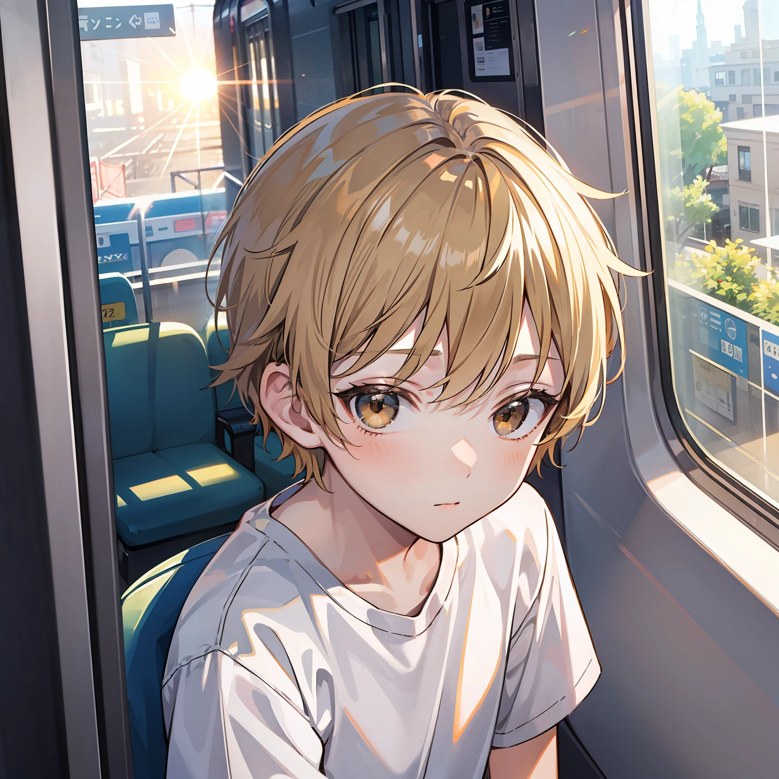  boy（Relaxed、sun beam、Kind），Short blonde hair，Light brown eyes，White T-shirt，By train，tmasterpiece，hightquality